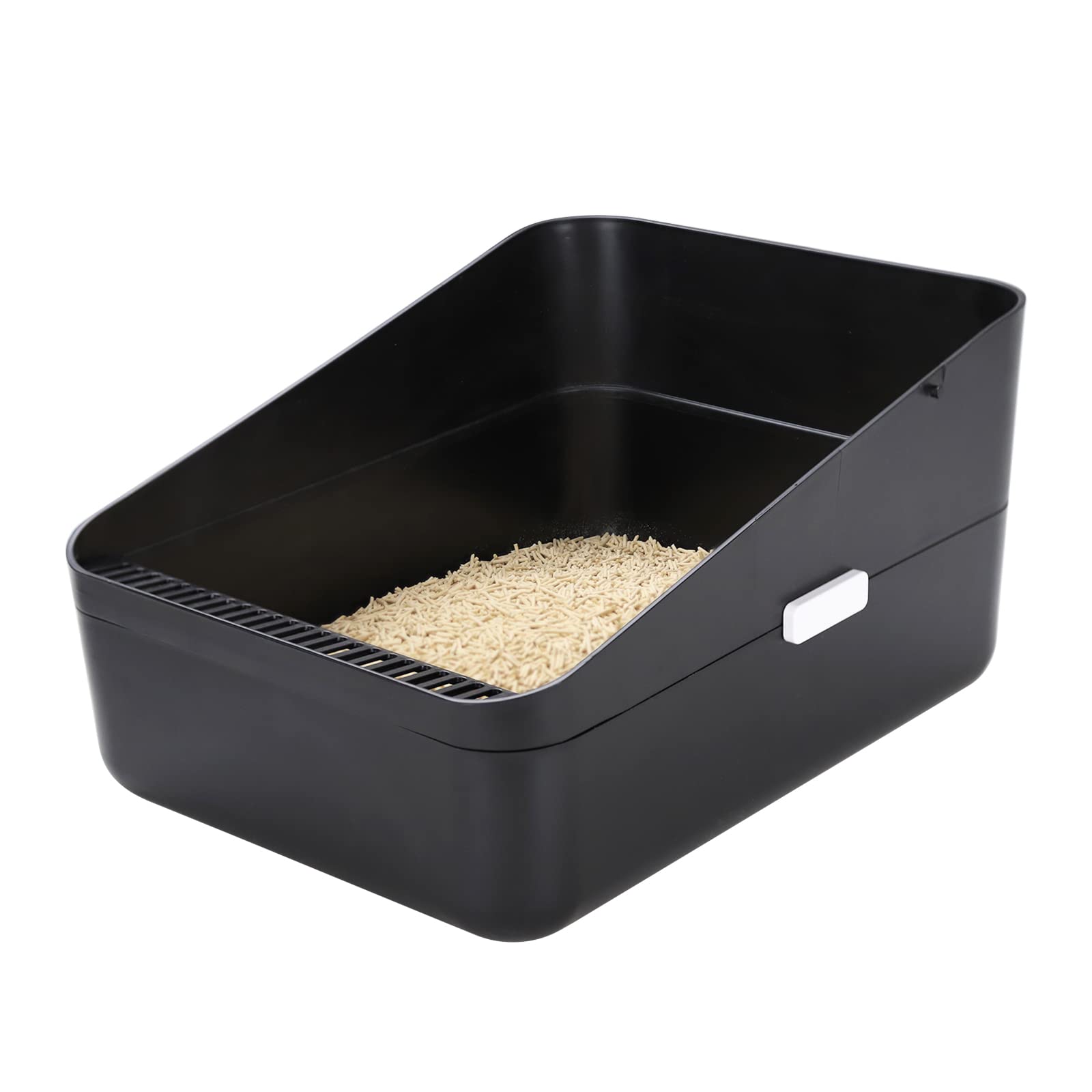 Sfozstra open top litter box in black with high sides reduces scatter for clean floors.