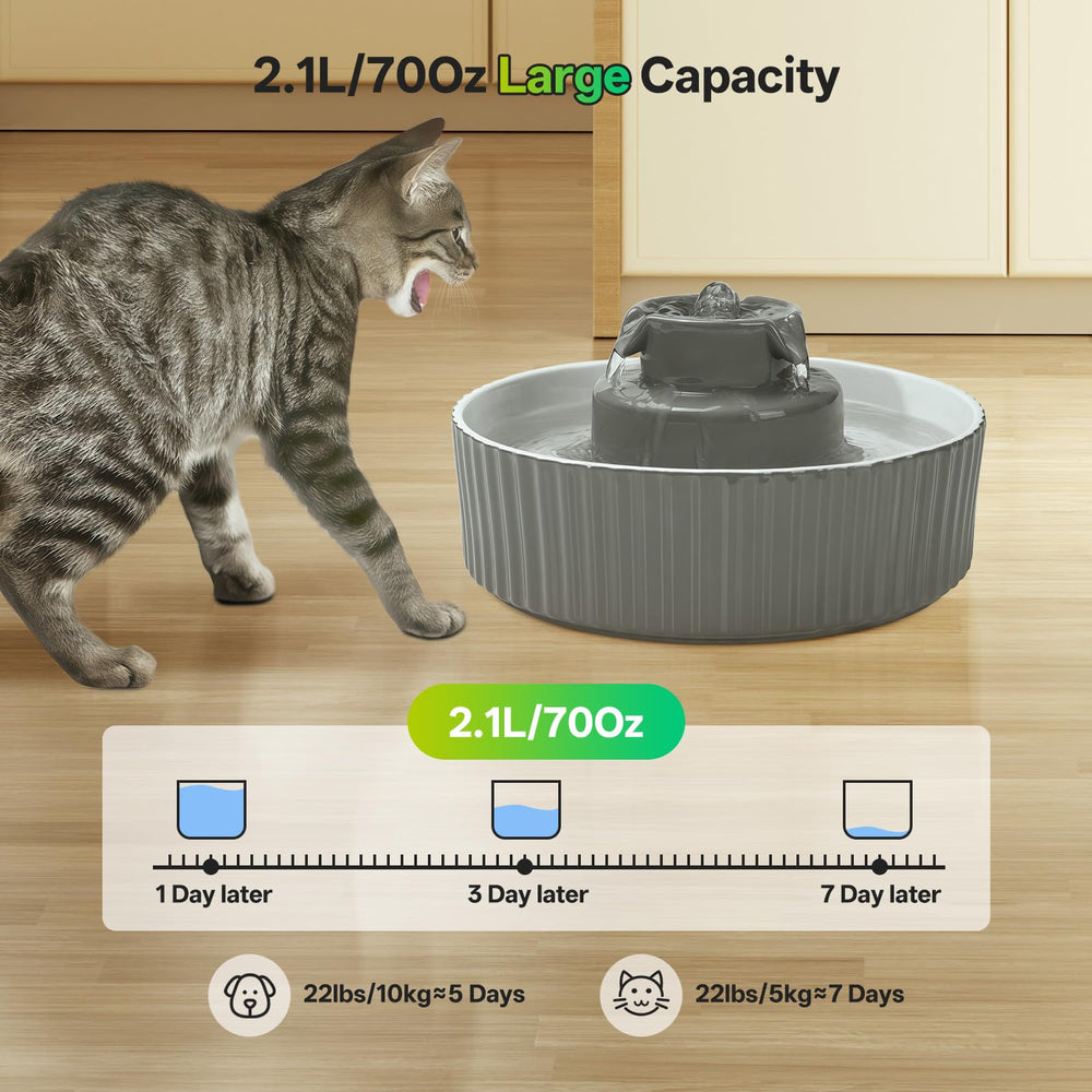 SgurFin ceramic cat fountain showing 360° drinking area for every angle.