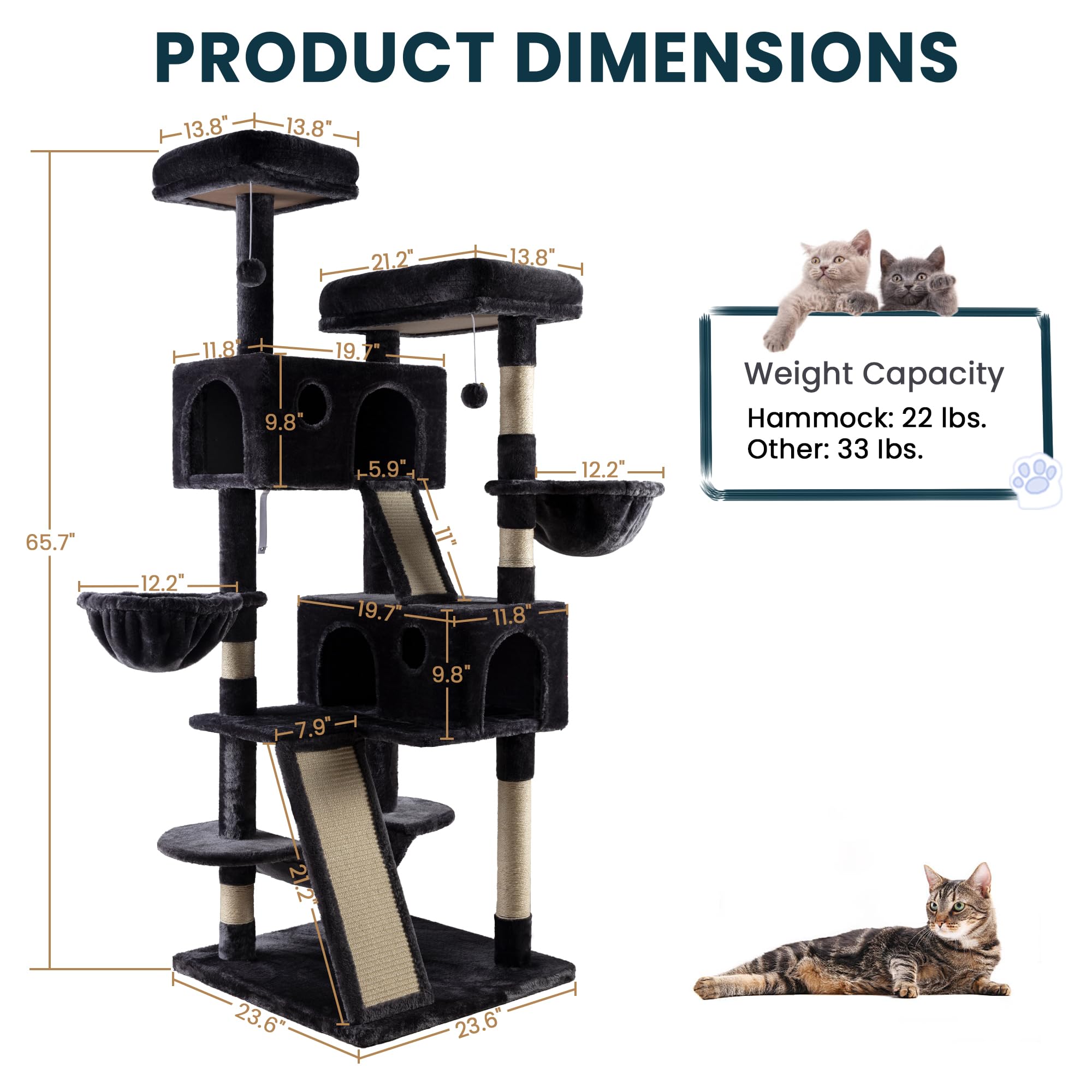 SHA CERLIN 65in cat tree baskets create snug hiding spots.