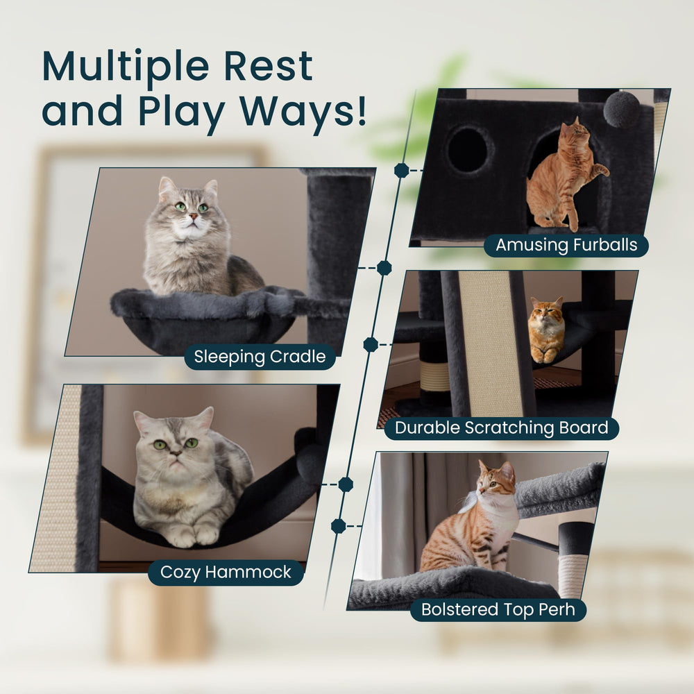 SHA CERLIN 65in cat tree multiple levels support shared play for several cats.