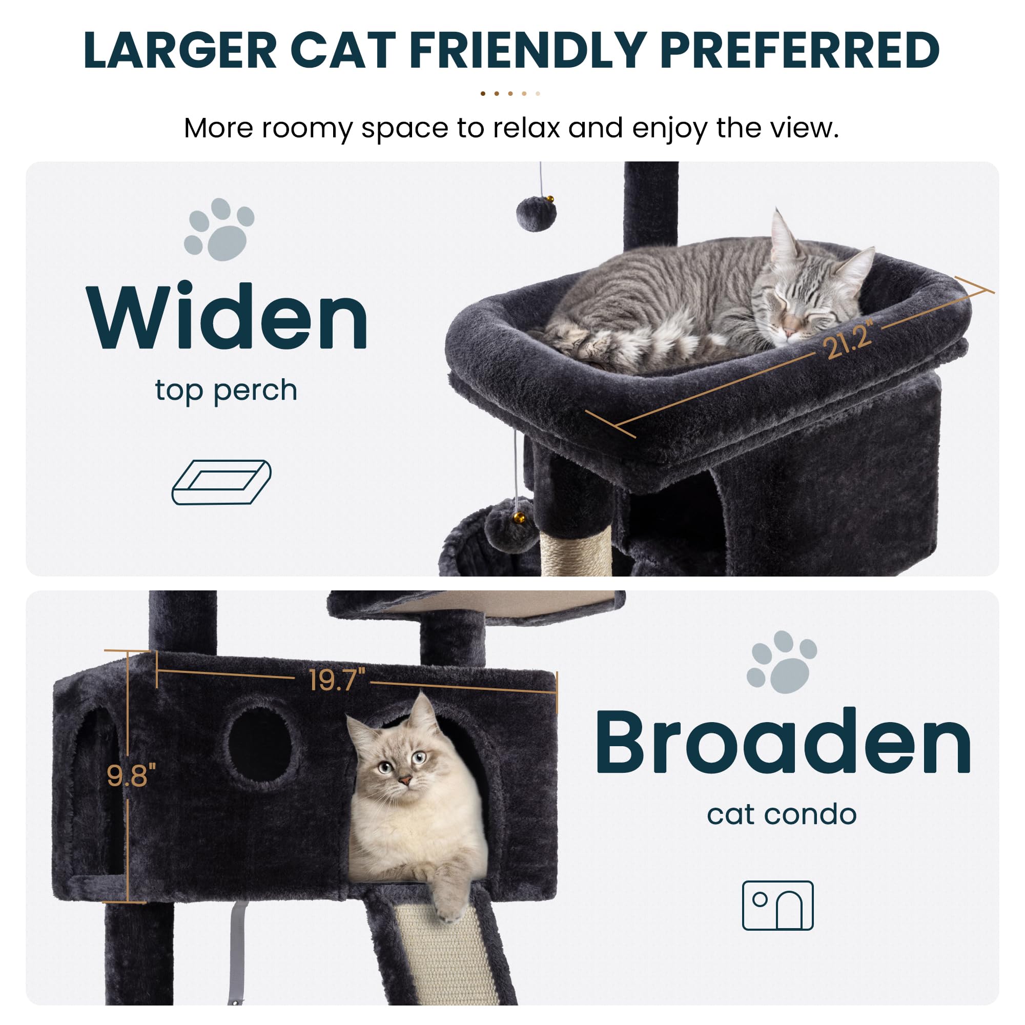 SHA CERLIN 65in cat tree plush perches offer cozy rest spots.