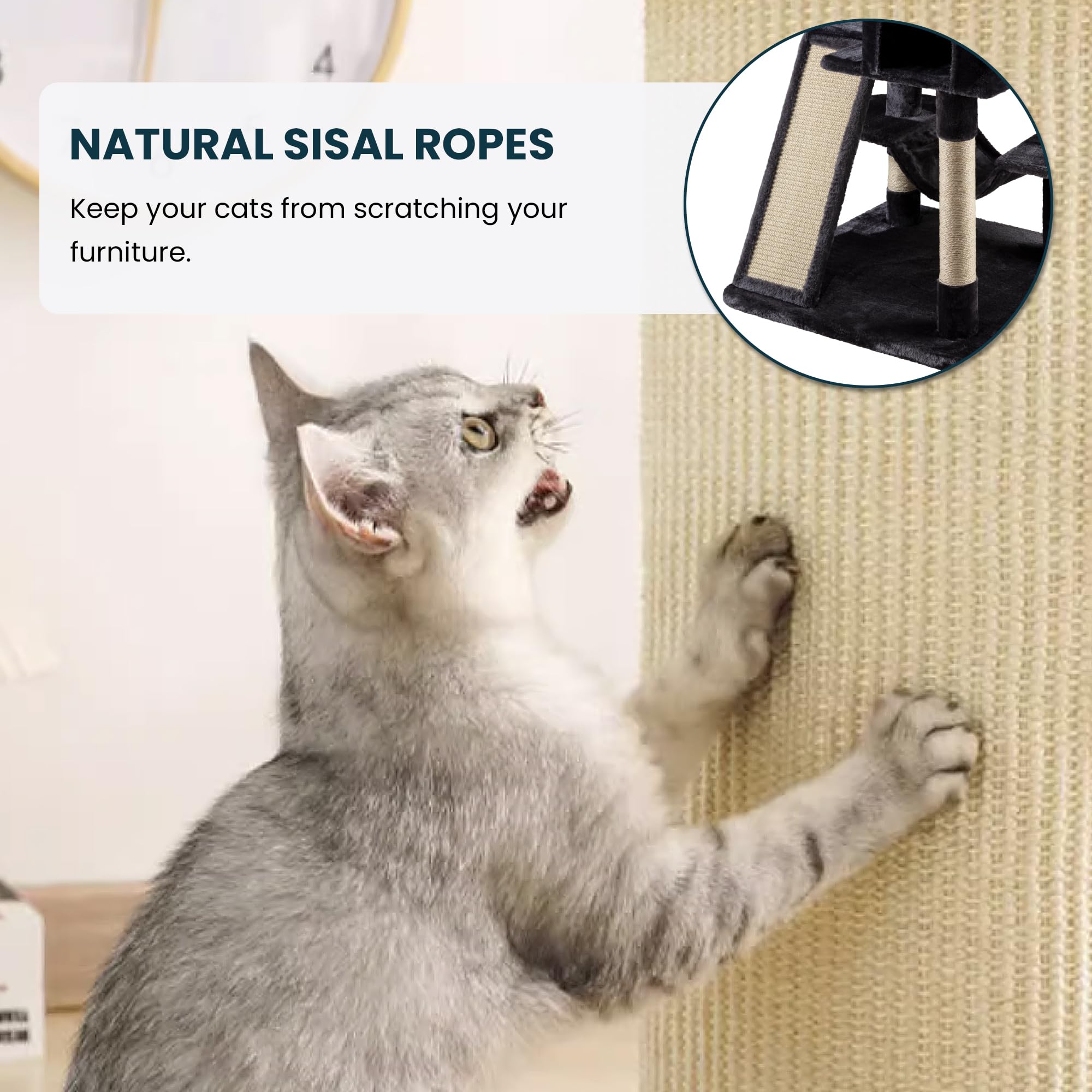SHA CERLIN 65in cat tree sisal rope posts invite scratching and exercise.