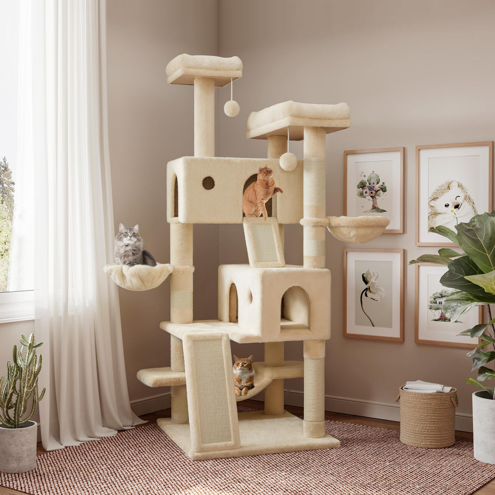 SHA CERLIN 65in cat tree top platform provides elevated lounging for curious cats