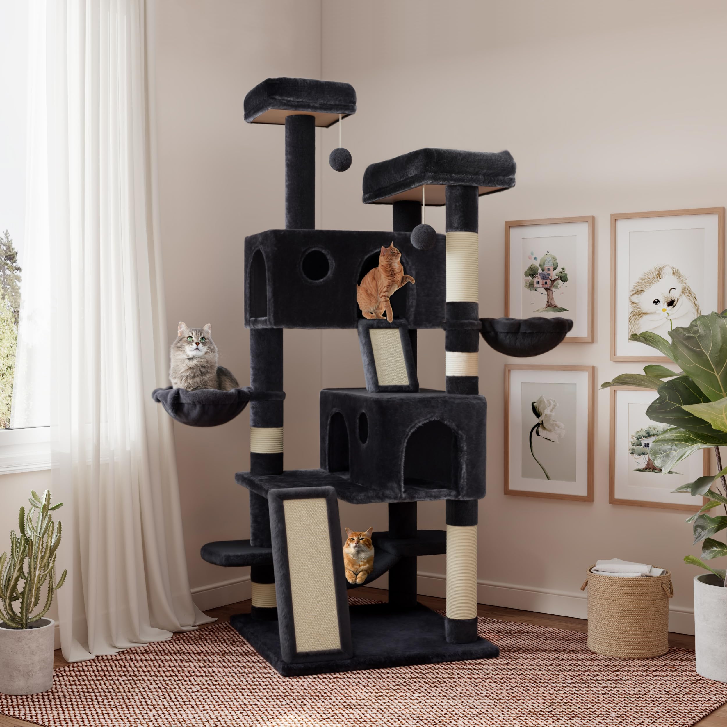 SHA CERLIN 65in cat tree top platform widened for larger cats' comfort.