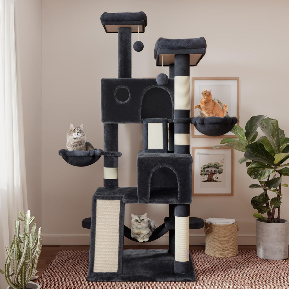 SHA CERLIN 65in cat tree wide baseboard stabilizes tall playtime.