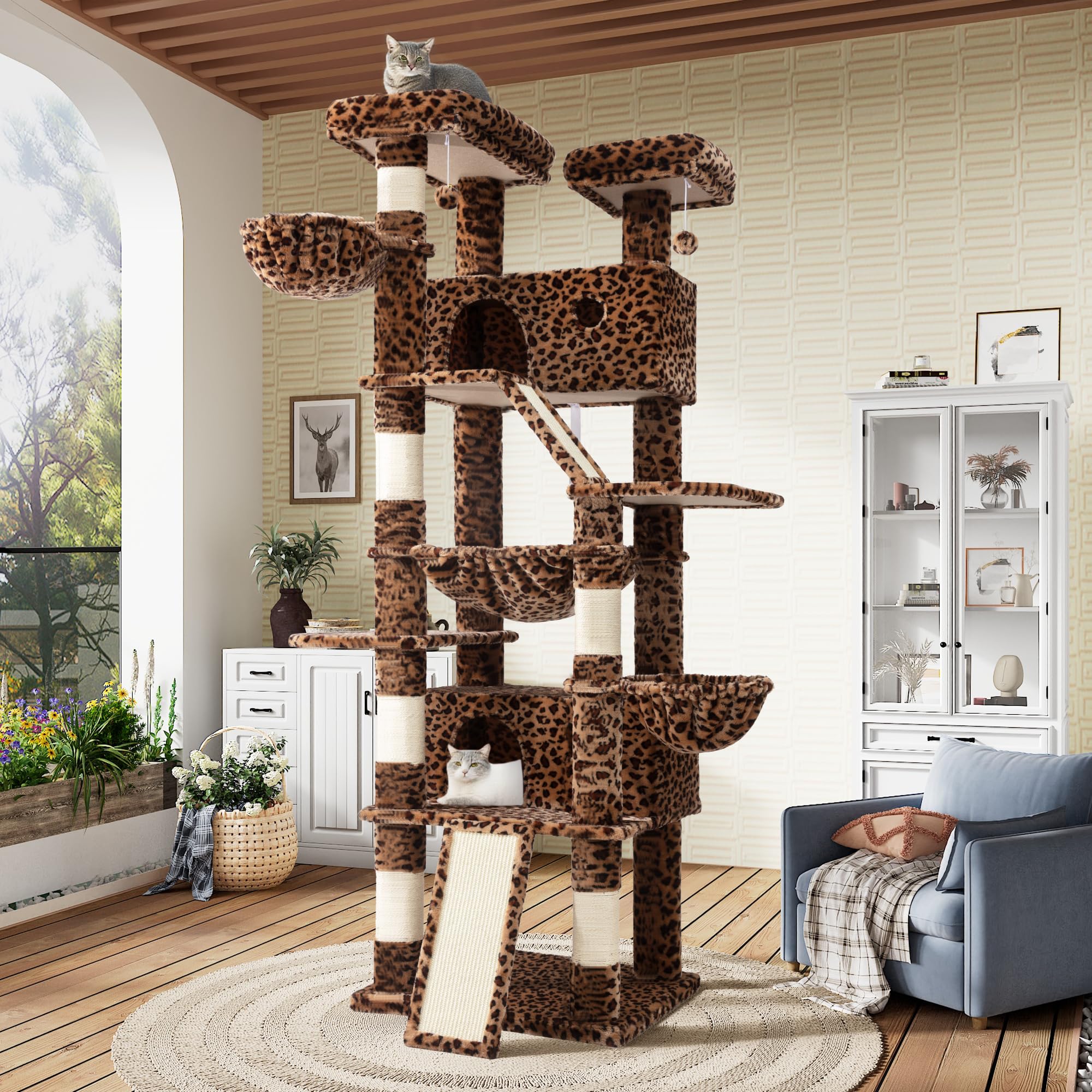 SHA CERLIN 81in cat tree top perch for an elevated view and cozy rest.