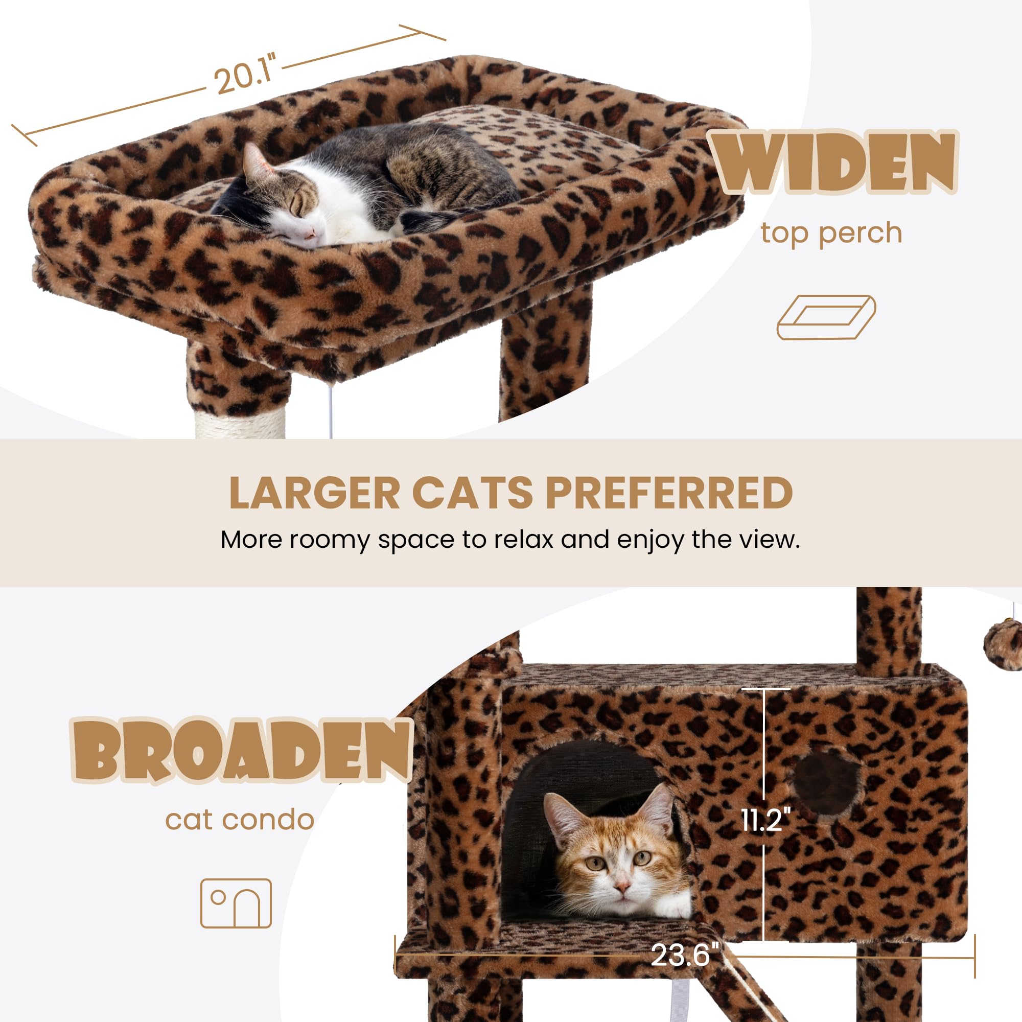 SHA CERLIN cat tree wide base ensures stable, safe multi-cat play.