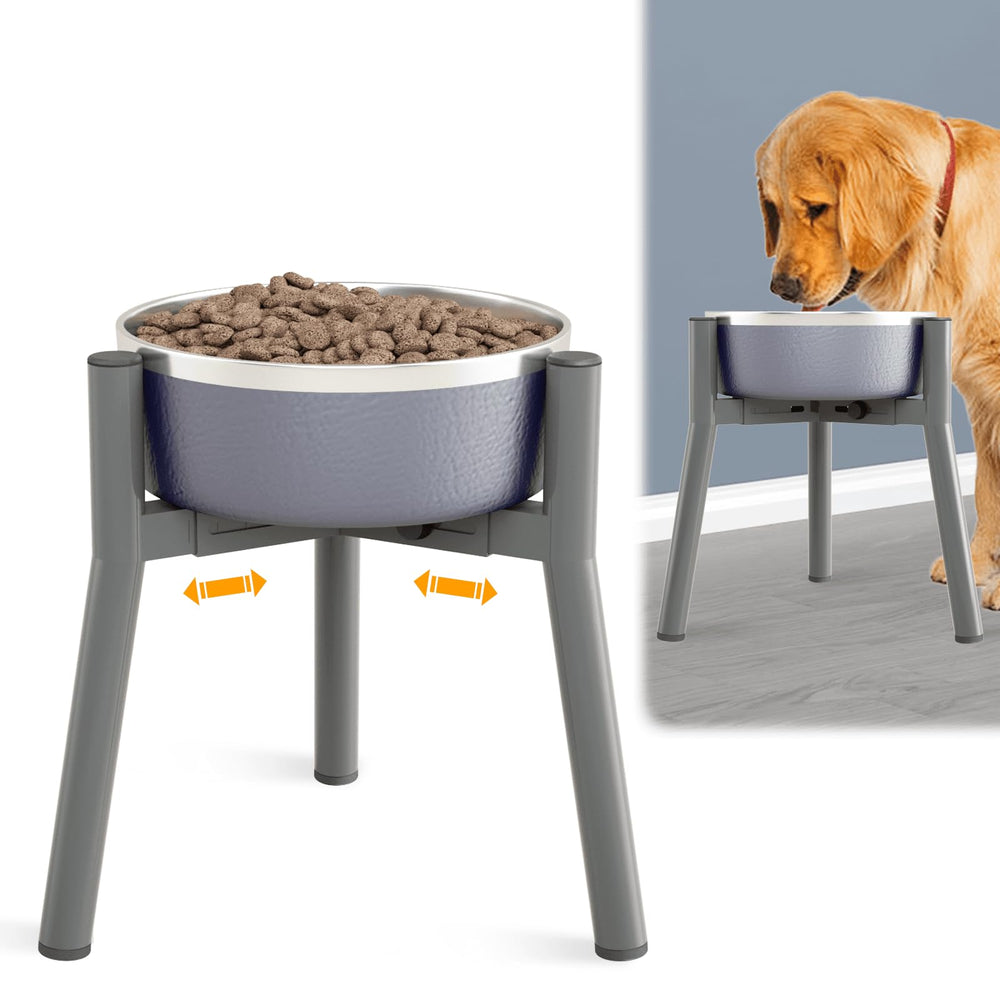 SHAINFUN grey metal stand supports large dog bowls with a stable base.