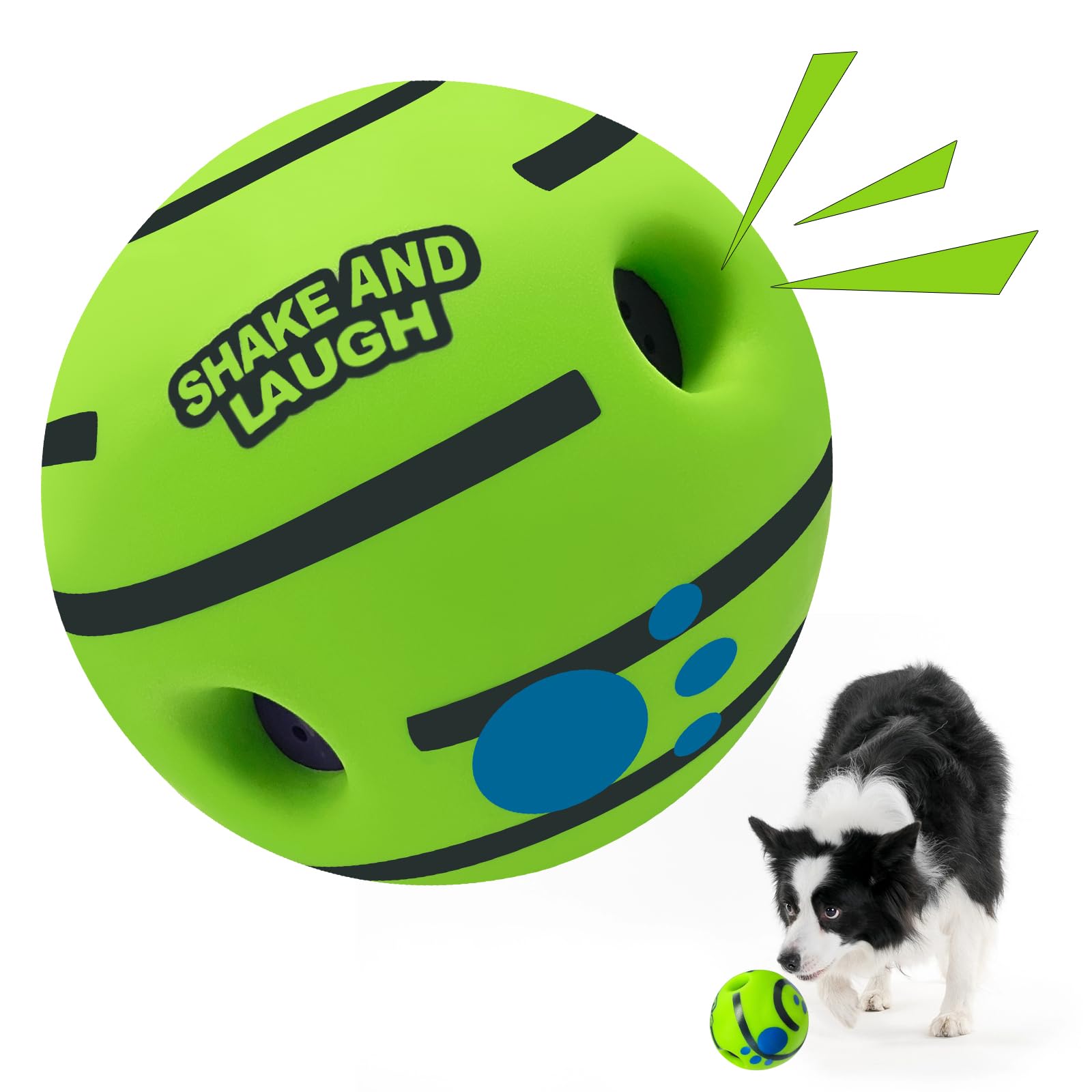 SHAKE AND LAUGH dog ball roll action for interactive play and training.