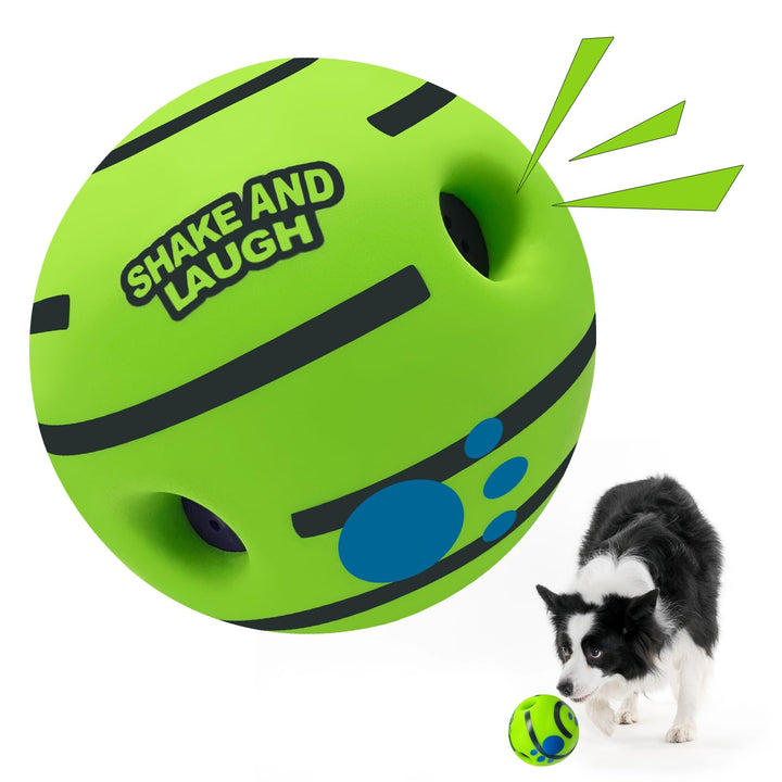 SHAKE AND LAUGH dog ball roll action for interactive play and training.
