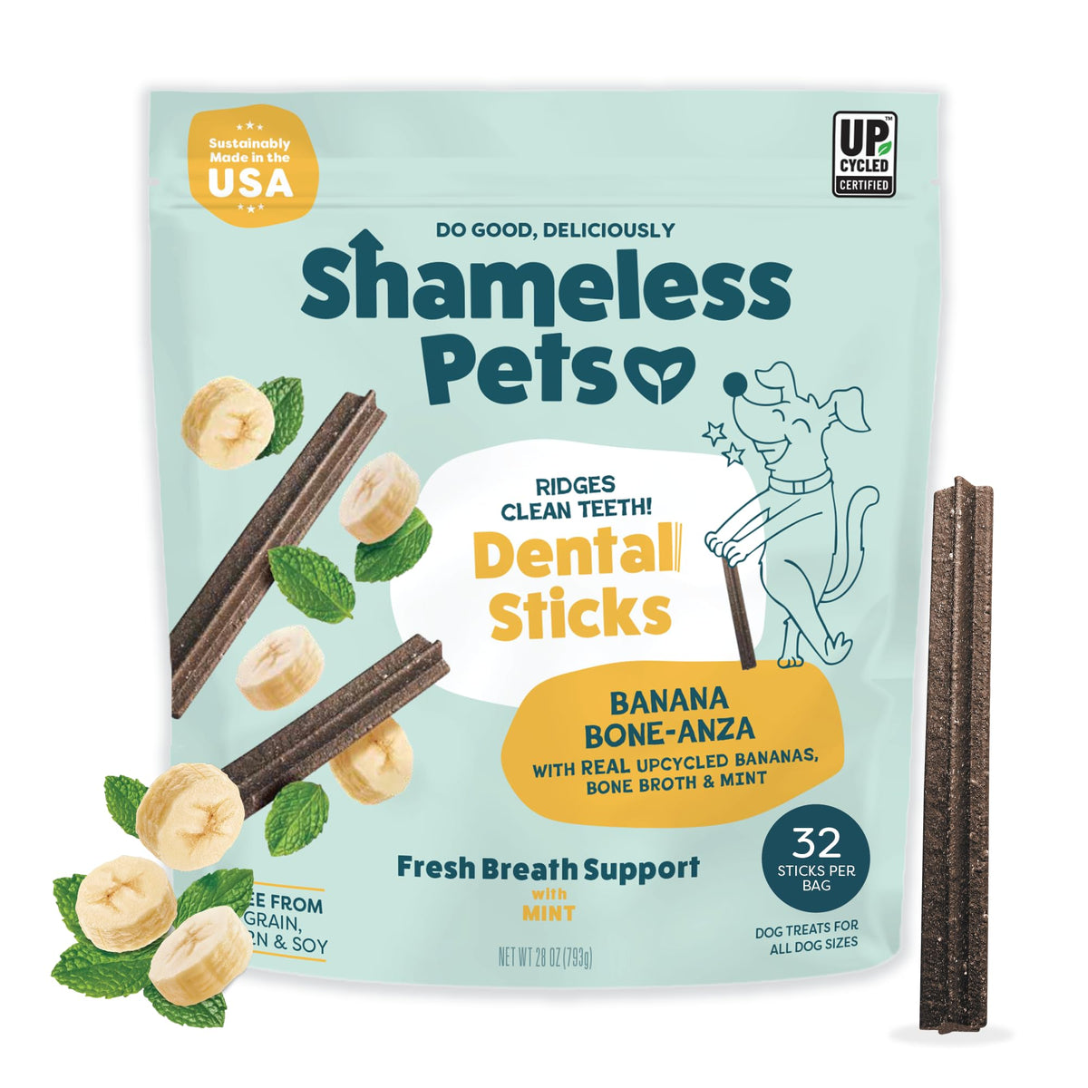 Shameless Pets Banana Bone-anza dental sticks ready for fresh breath and daily use.