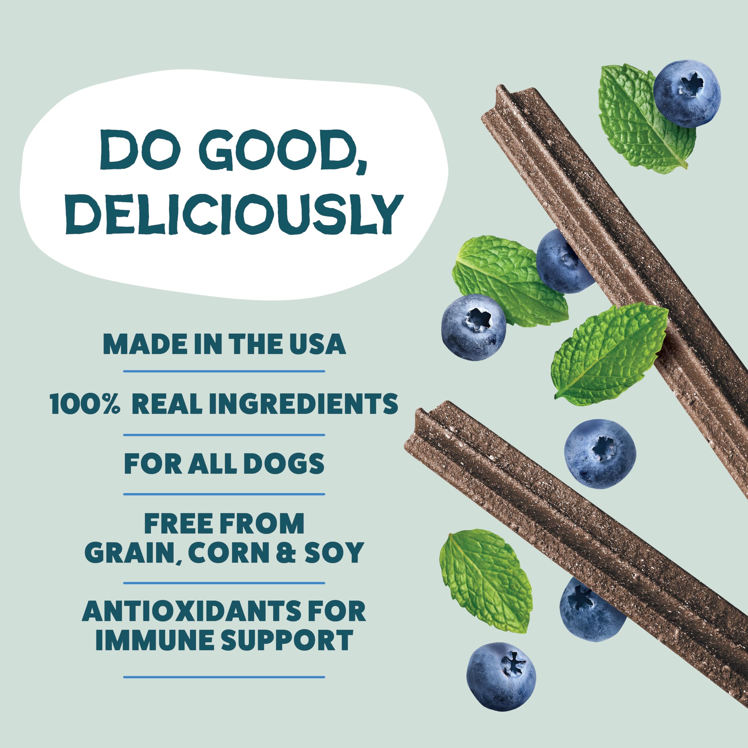 Shameless Pets Blueberry & Mint dental stick ridges for deep cleaning teeth.