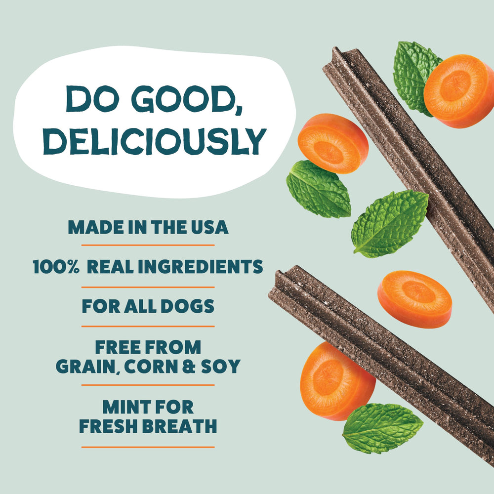 Shameless Pets carrot-mint dental chew ridges closeup; designed to aid deep cleaning between teeth.