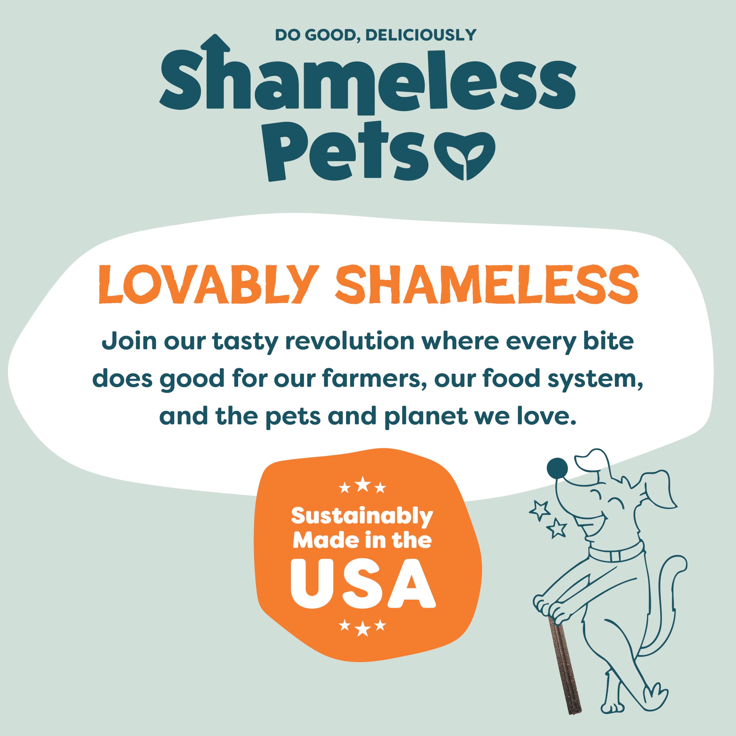 Shameless Pets carrot-mint dental chew upcycled ingredients; eco-friendly sourcing supports waste reduction.