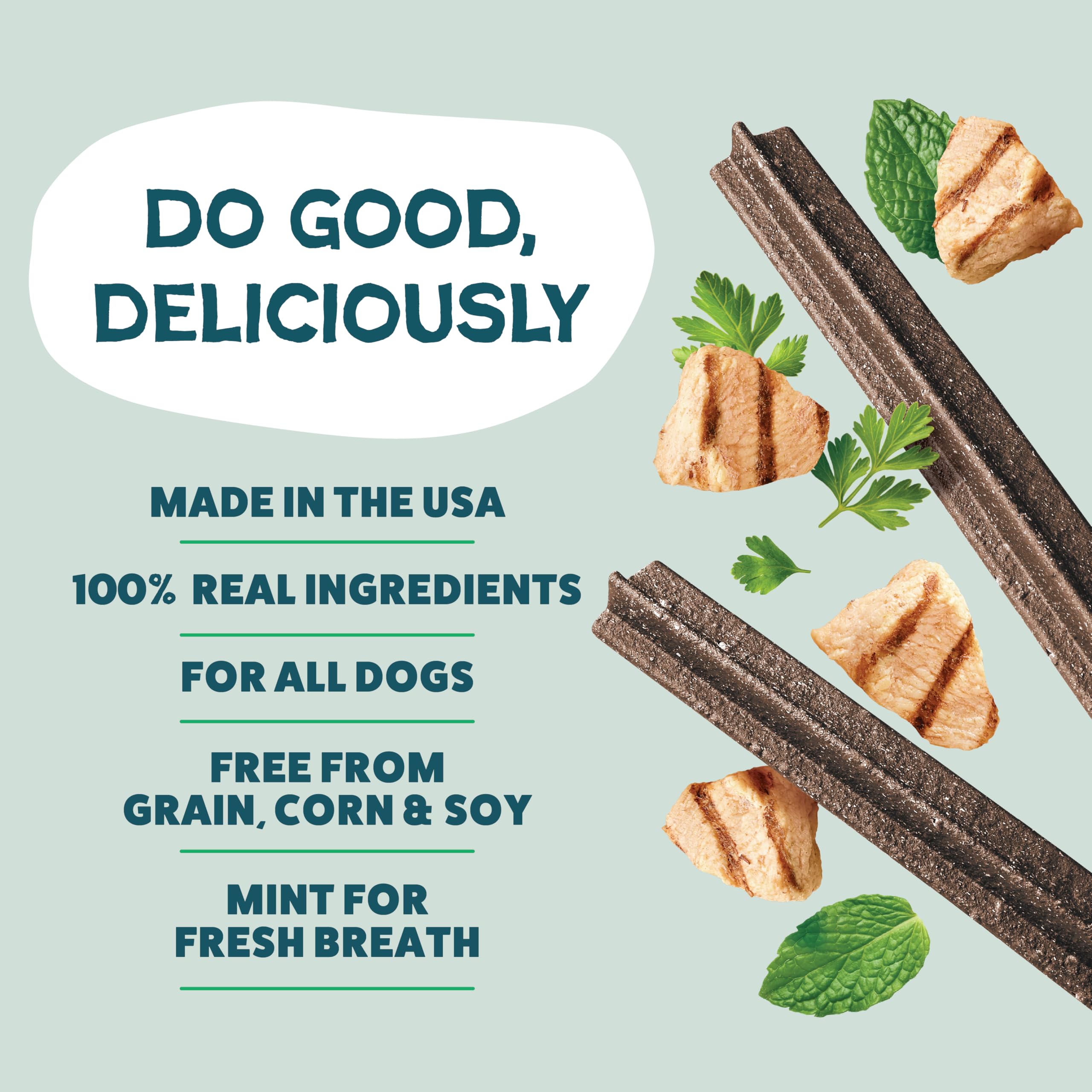 Shameless Pets Chicken & Mint dental chews real ingredients with chicken and apple.