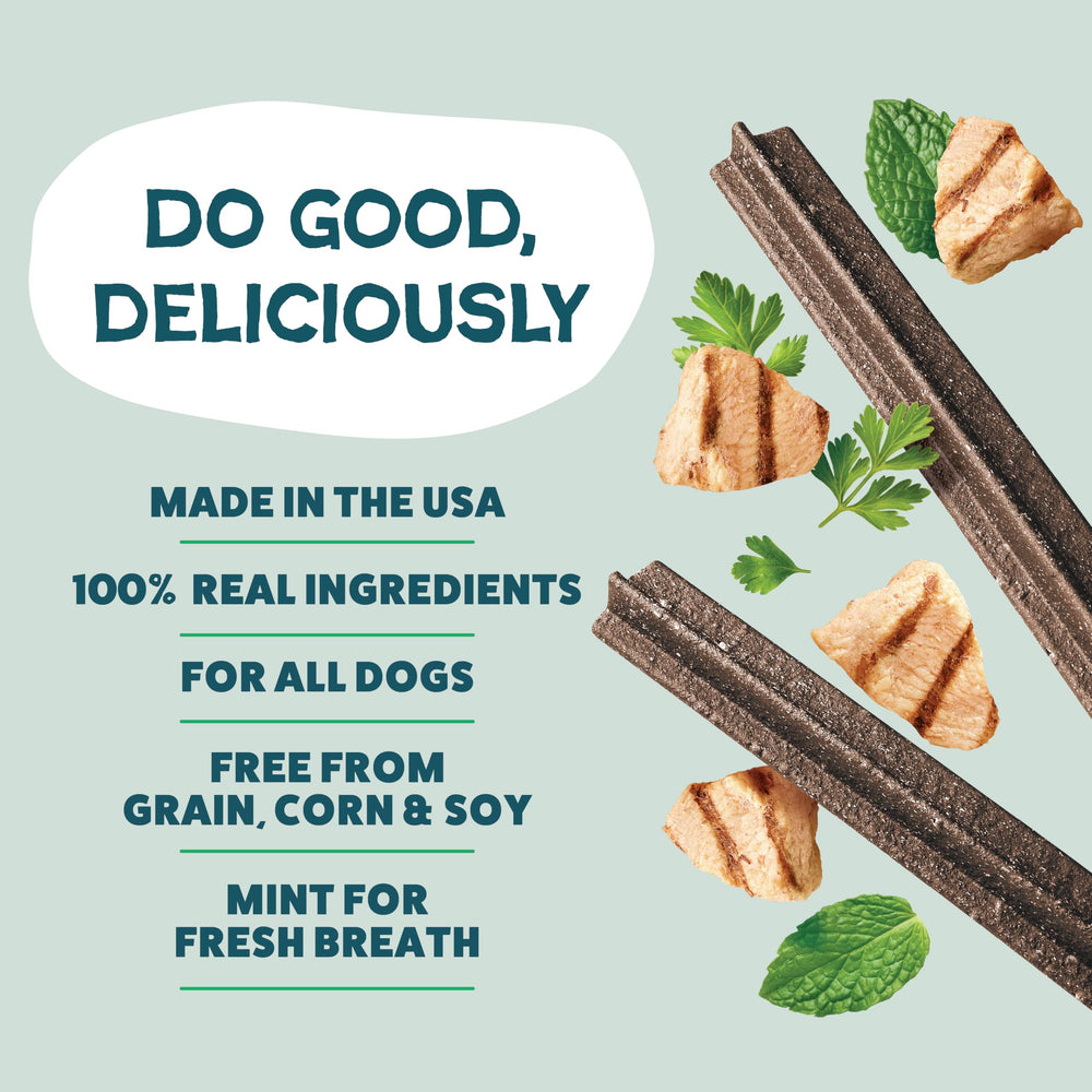 Shameless Pets Chicken & Mint dental chews real ingredients with chicken and apple.