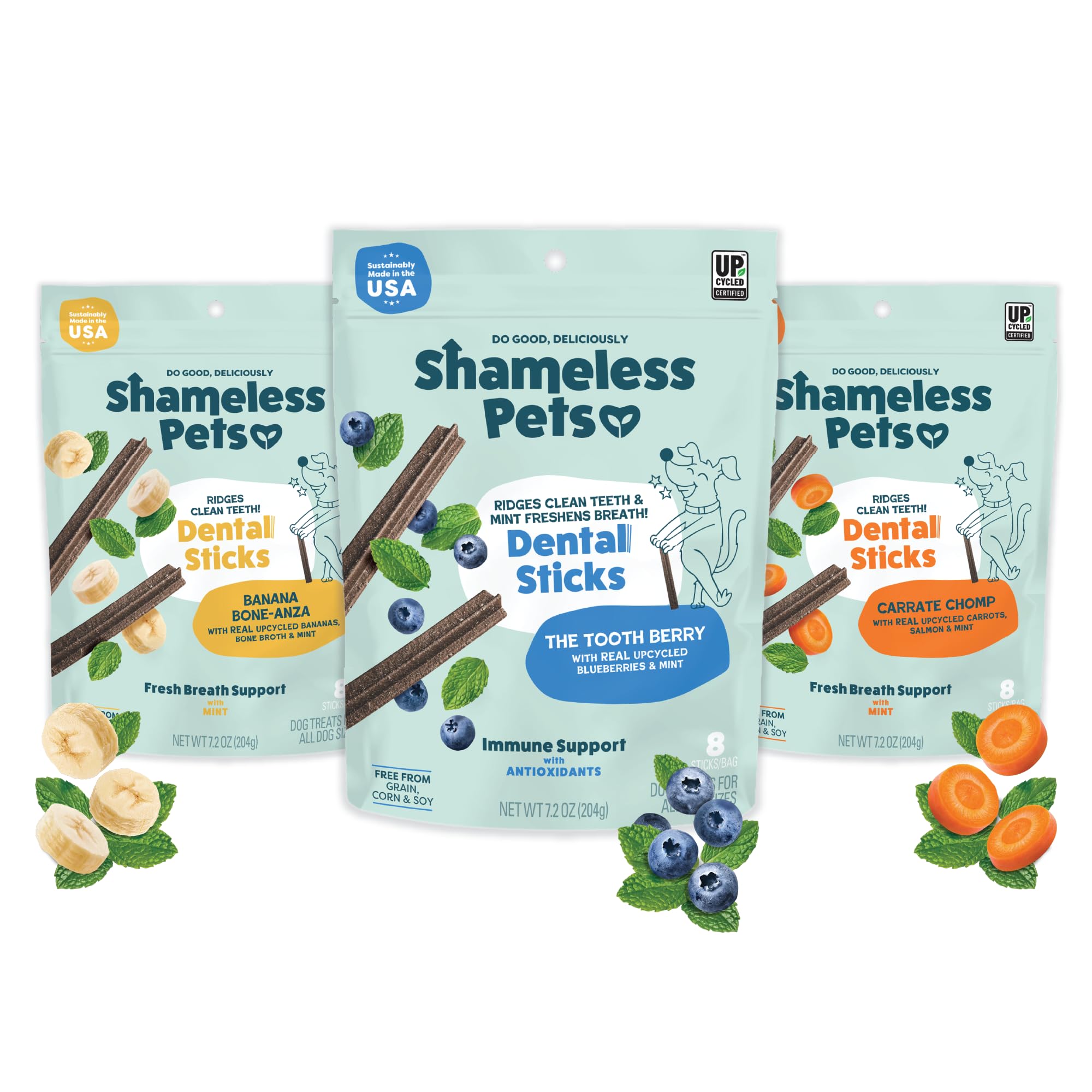 Shameless Pets dental chews variety pack on packaging, ideal for dogs