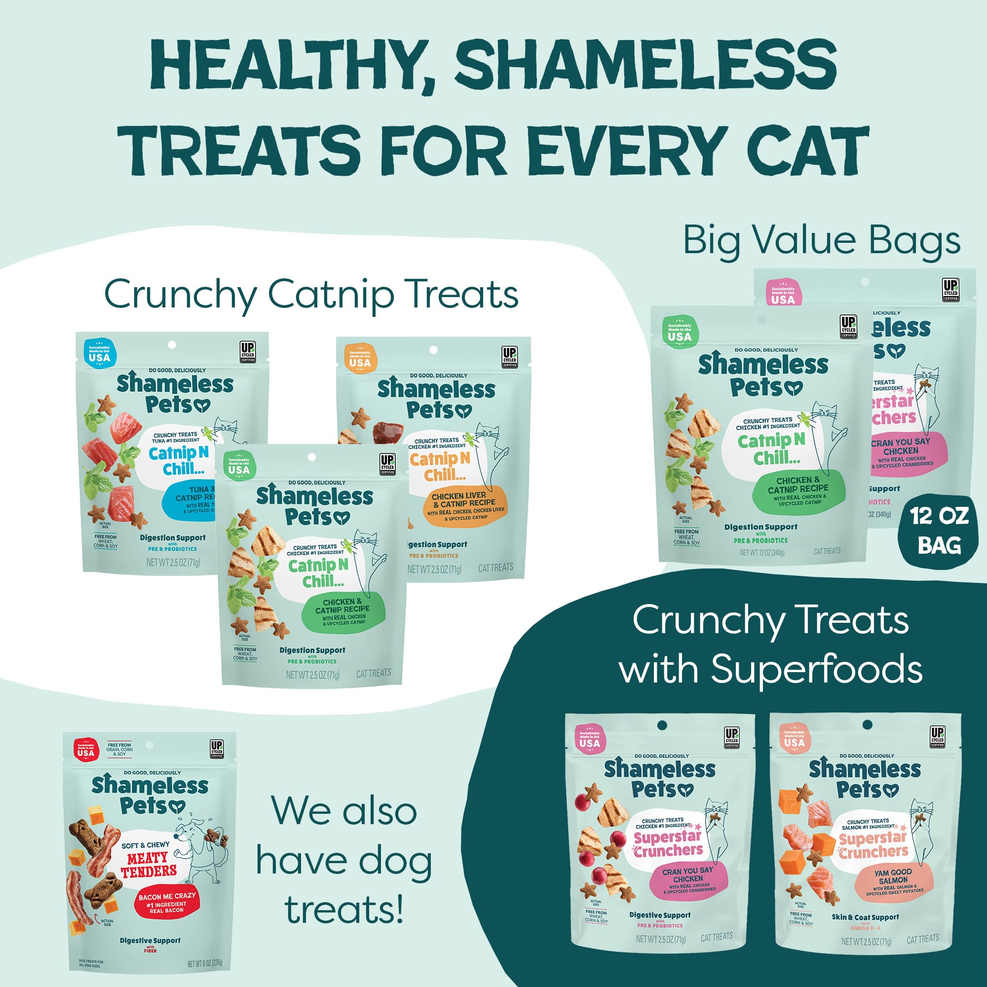 Shameless Pets crunchy cat treats promoting healthy snacking and happiness