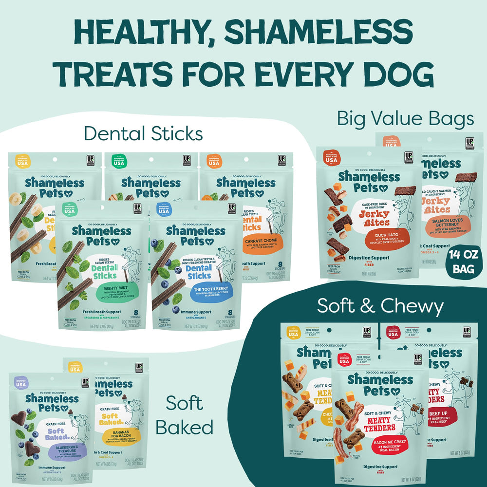 Shameless Pets Jerky Bites Duck-Tato grain-free snack for dogs of all sizes.
