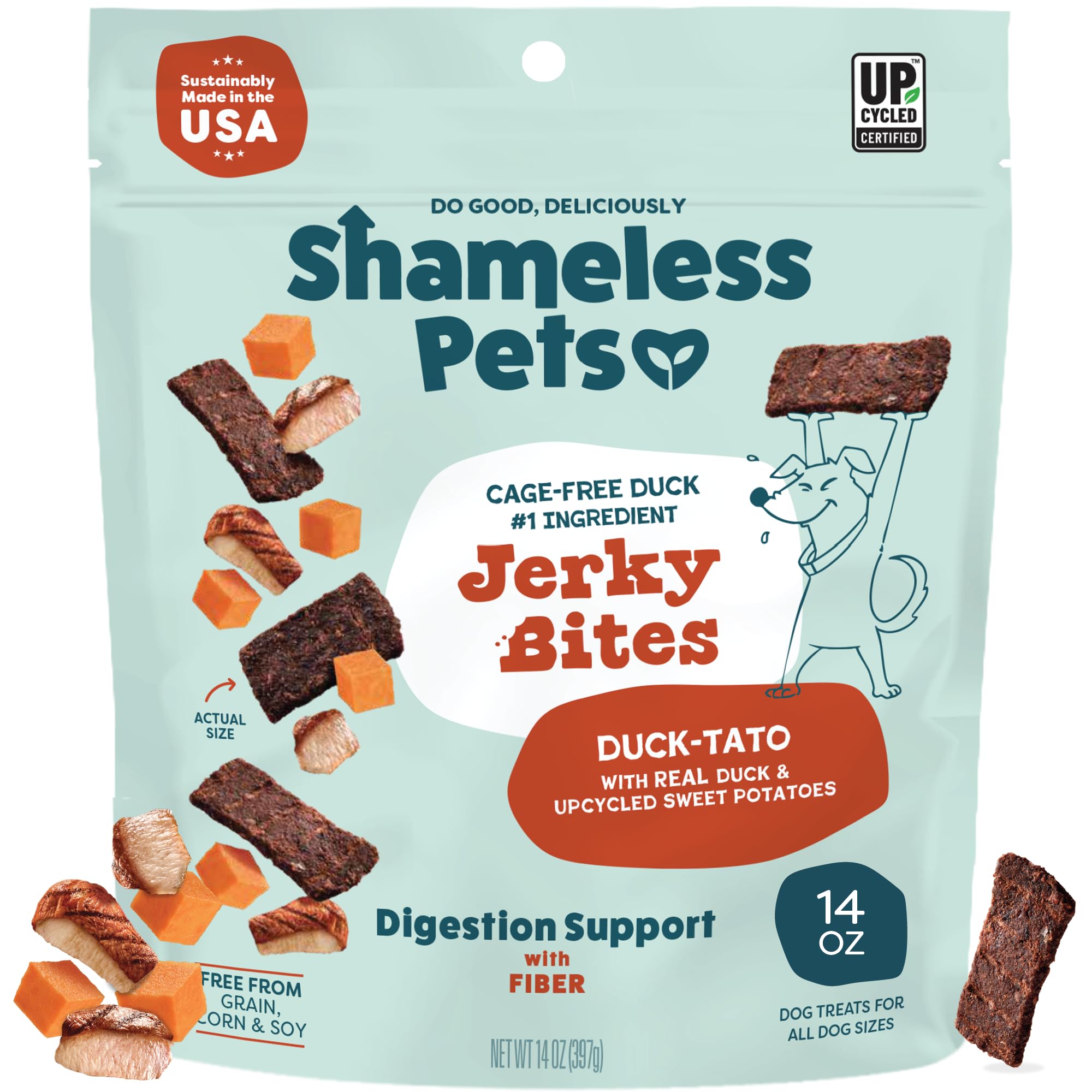 Shameless Pets Jerky Bites Duck-Tato packaging close-up highlighting grain-free formula and cage-free duck nutrition.