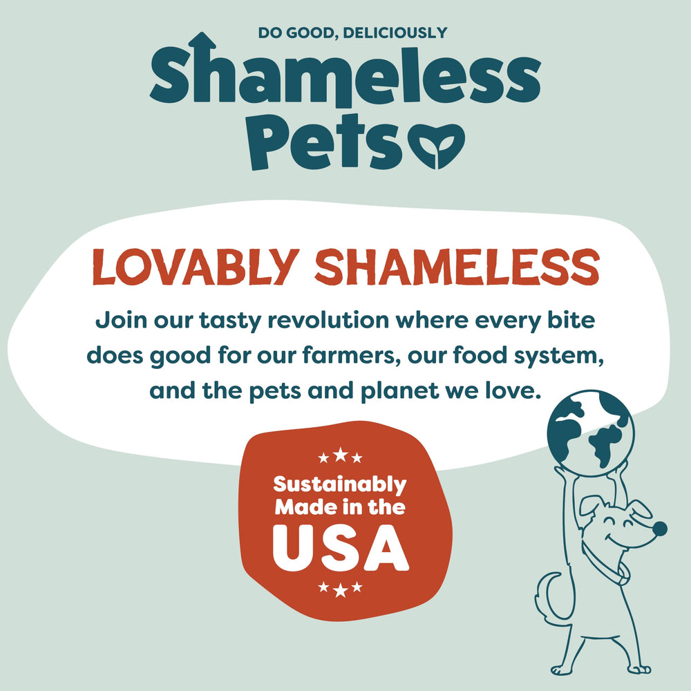Shameless Pets Jerky Bites Duck-Tato USA-made tag visible with natural ingredients.
