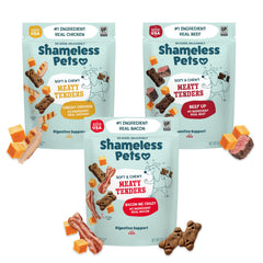 Shameless Pets Meaty Tenders front bag highlights real meat first ingredient.