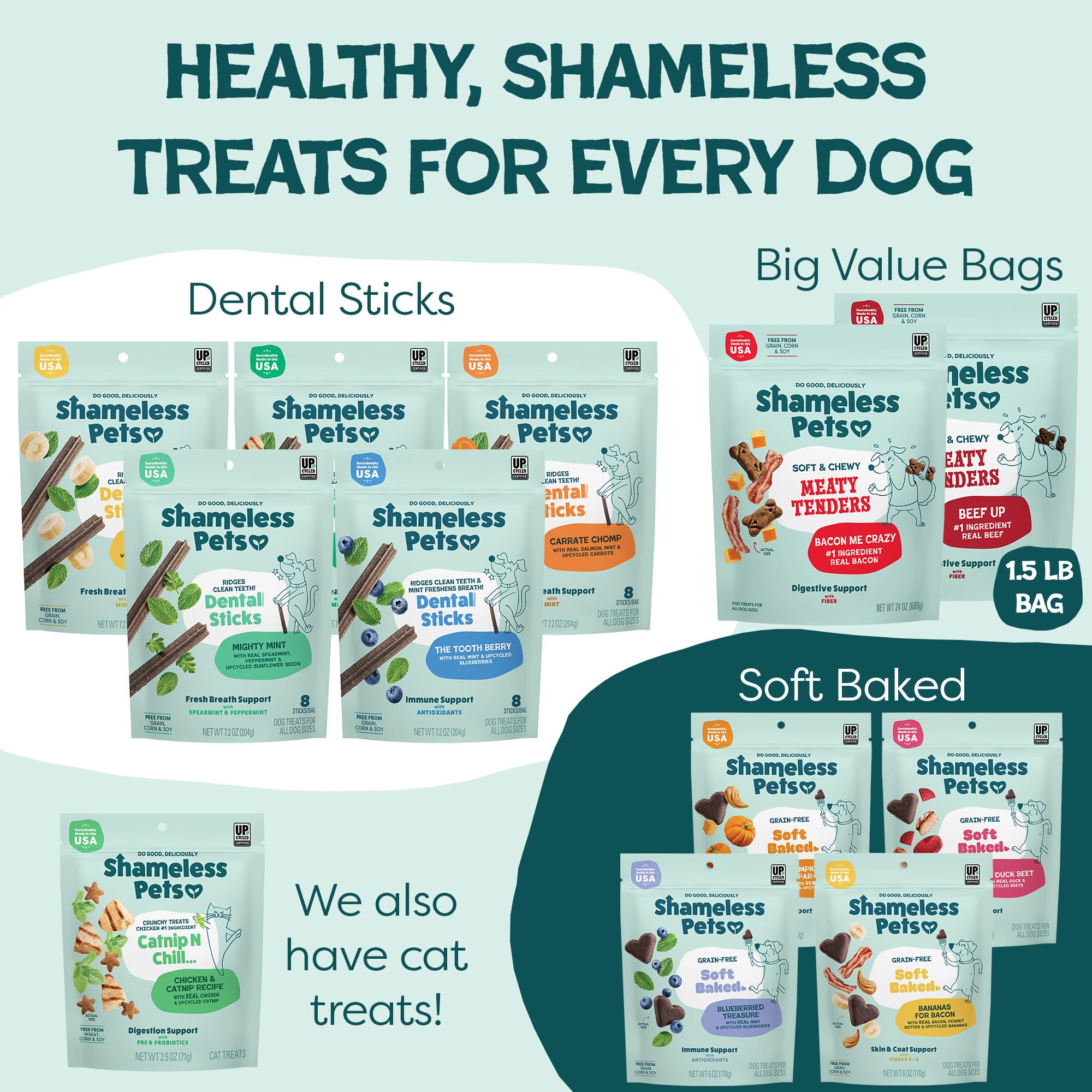 Shameless Pets Meaty Tenders 3-pack on shelf highlights value and convenience.