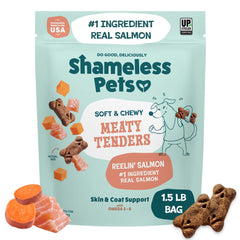 Shameless Pets Reelin' Salmon Tenders in bag with soft, savory salmon flavor