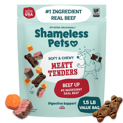 Shameless Pets Soft & Chewy beef up meaty tenders bag showing real beef bites for dogs.