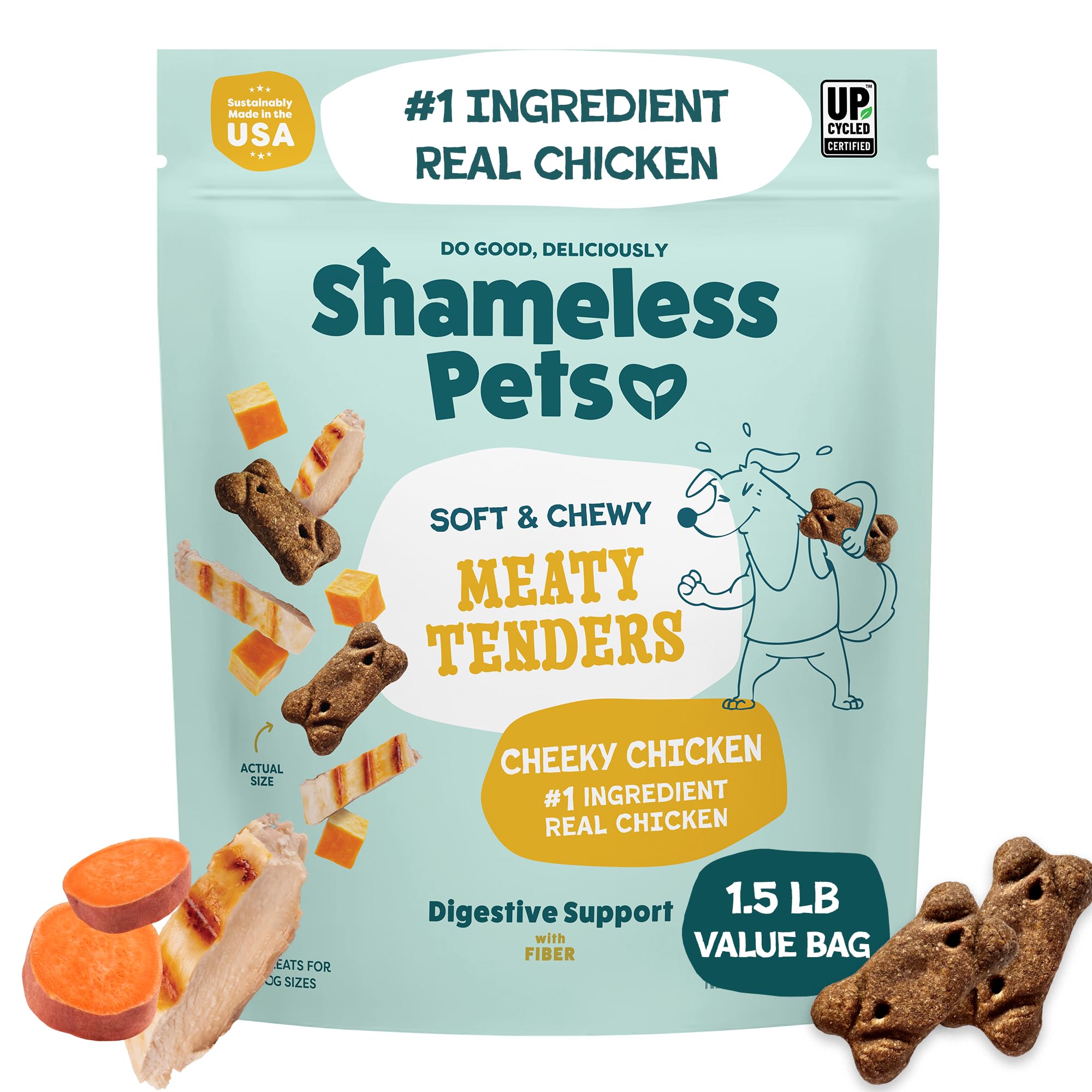 Shameless Pets soft & chewy dog treats in bag front, real chicken first ingredient