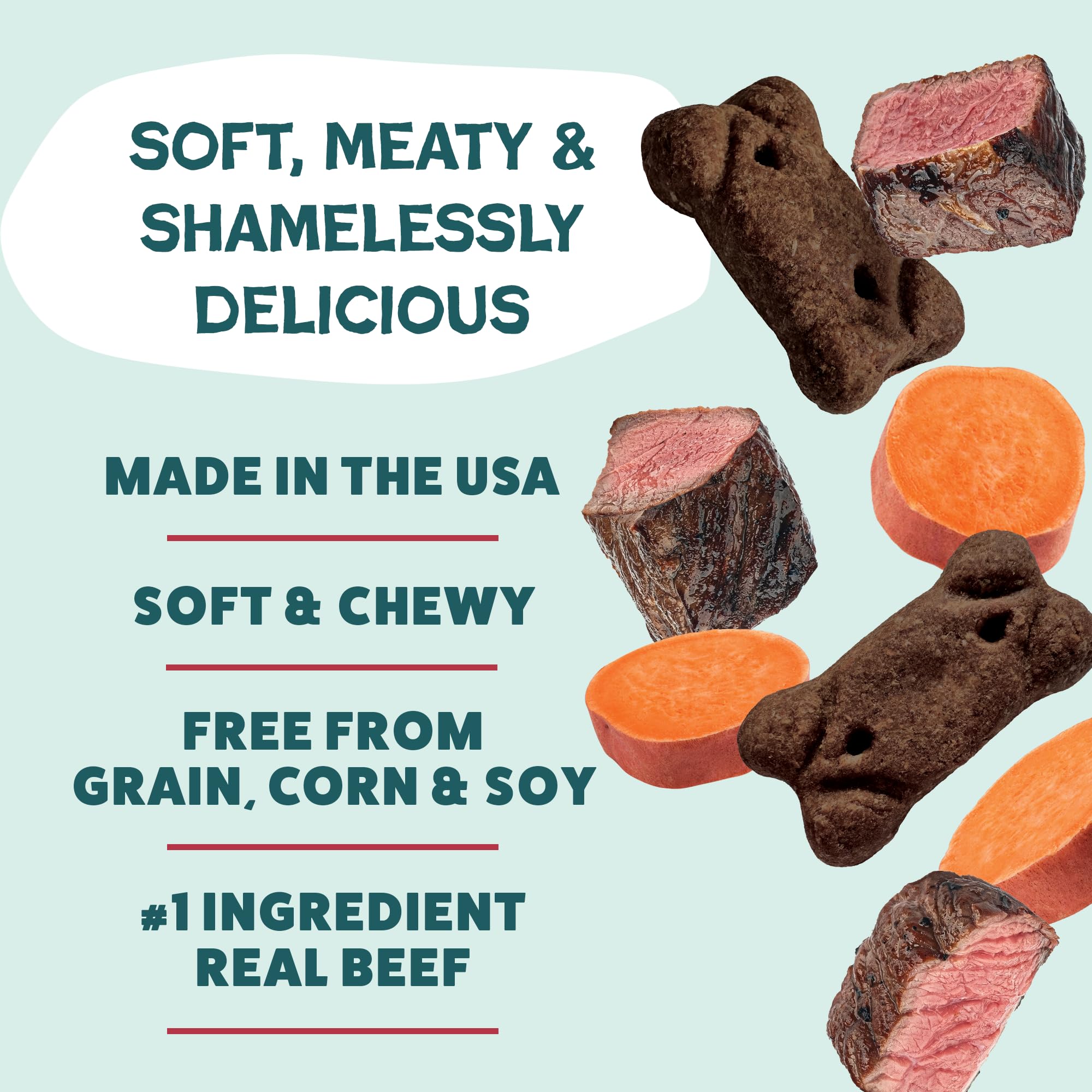 Shameless Pets soft-chewy texture close-up highlighting tender bites for all dog sizes.
