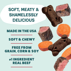 Shameless Pets soft-chewy texture close-up highlighting tender bites for all dog sizes.