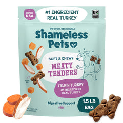 Shameless Pets Talk'n Turkey Meaty Tenders feature real turkey as the first ingredient for protein