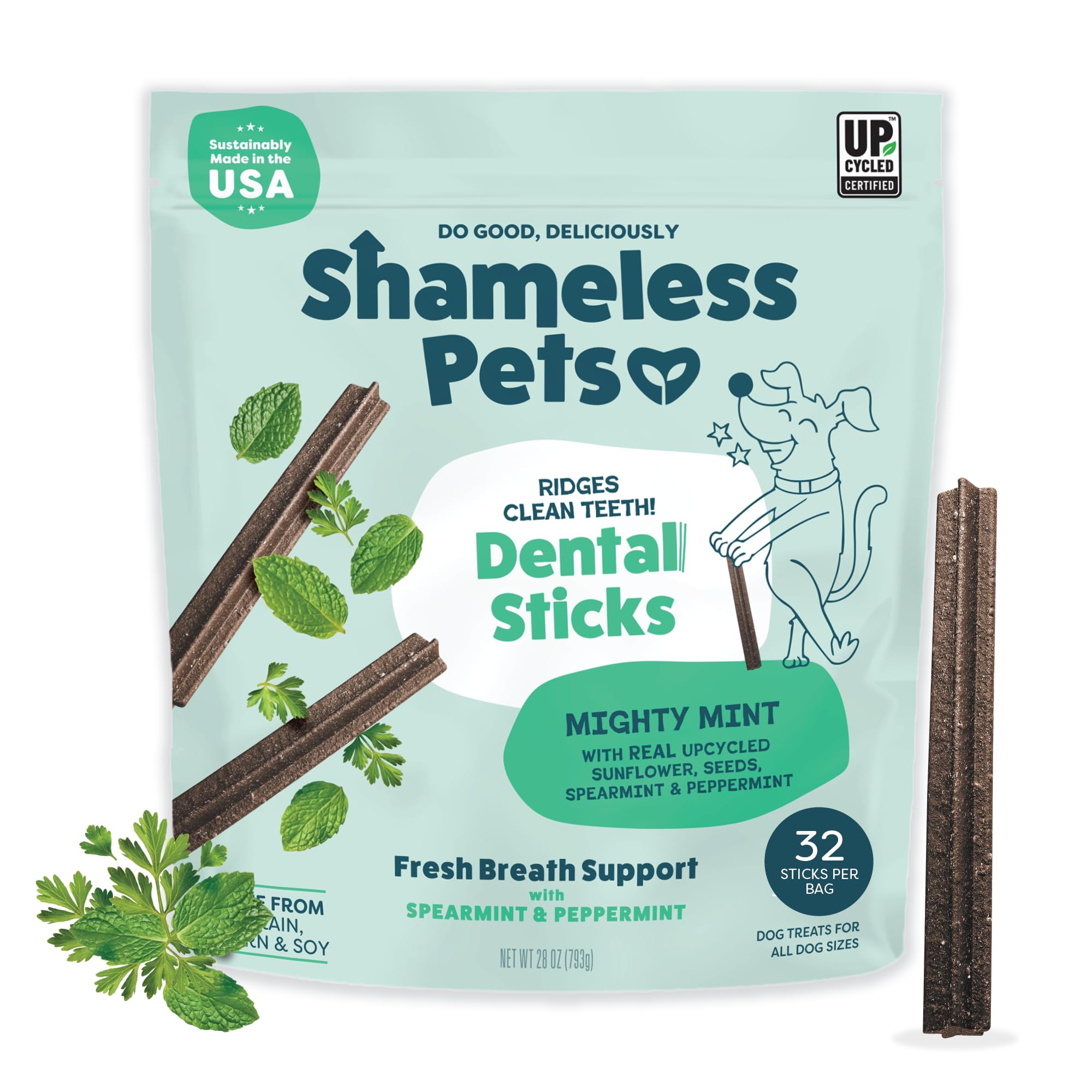 Shameless Pets Triple Mint Dental Chews bag with 32 sticks for daily dental care