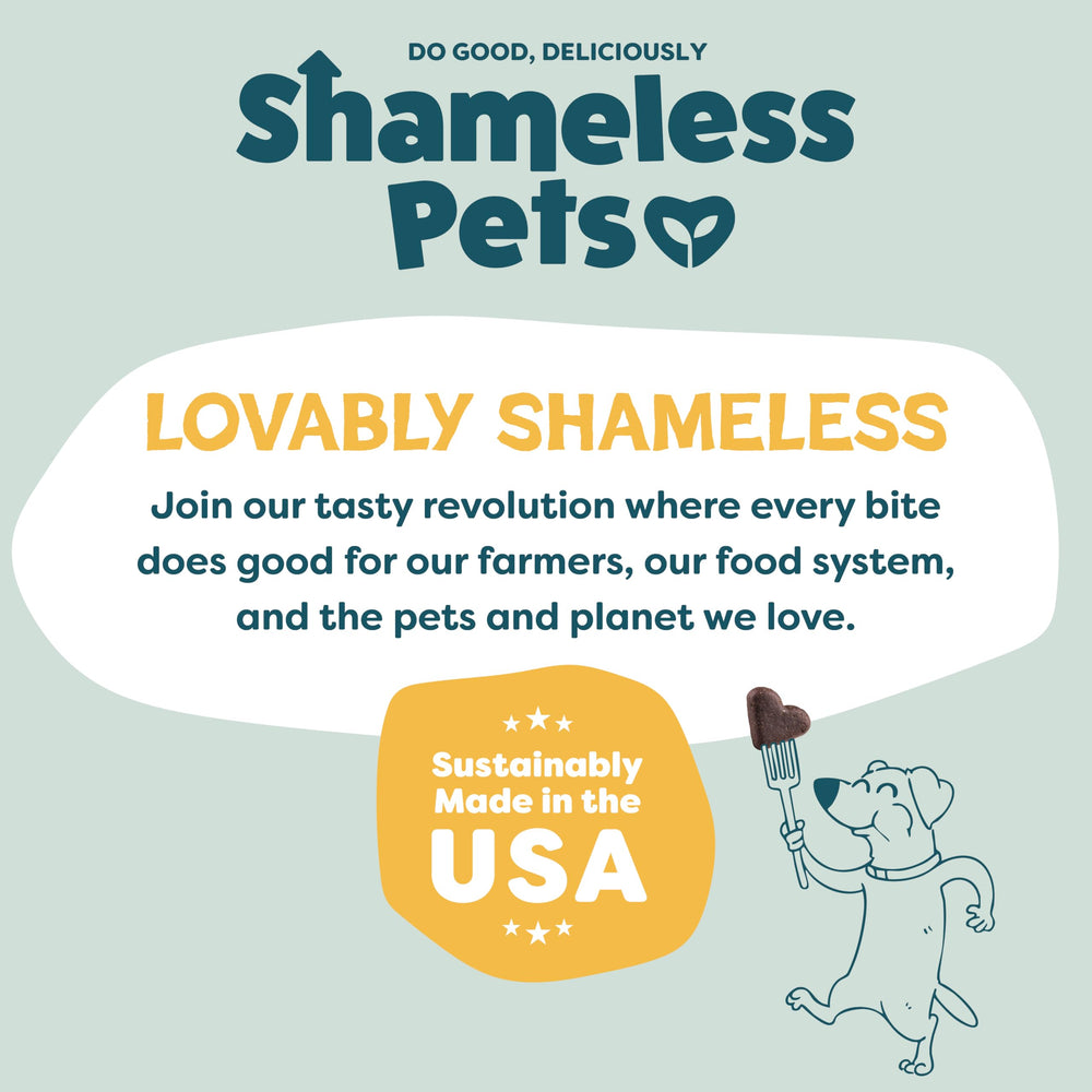 Shameless Pets Upcycled ingredients process image, supports sustainability and waste reduction.