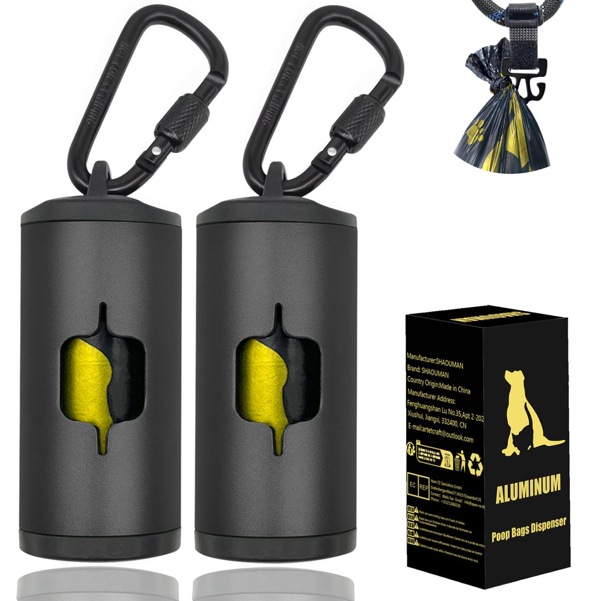 SHAOUMAN metal dog poop bag holder 2-pack with leash clip for secure everyday walking.