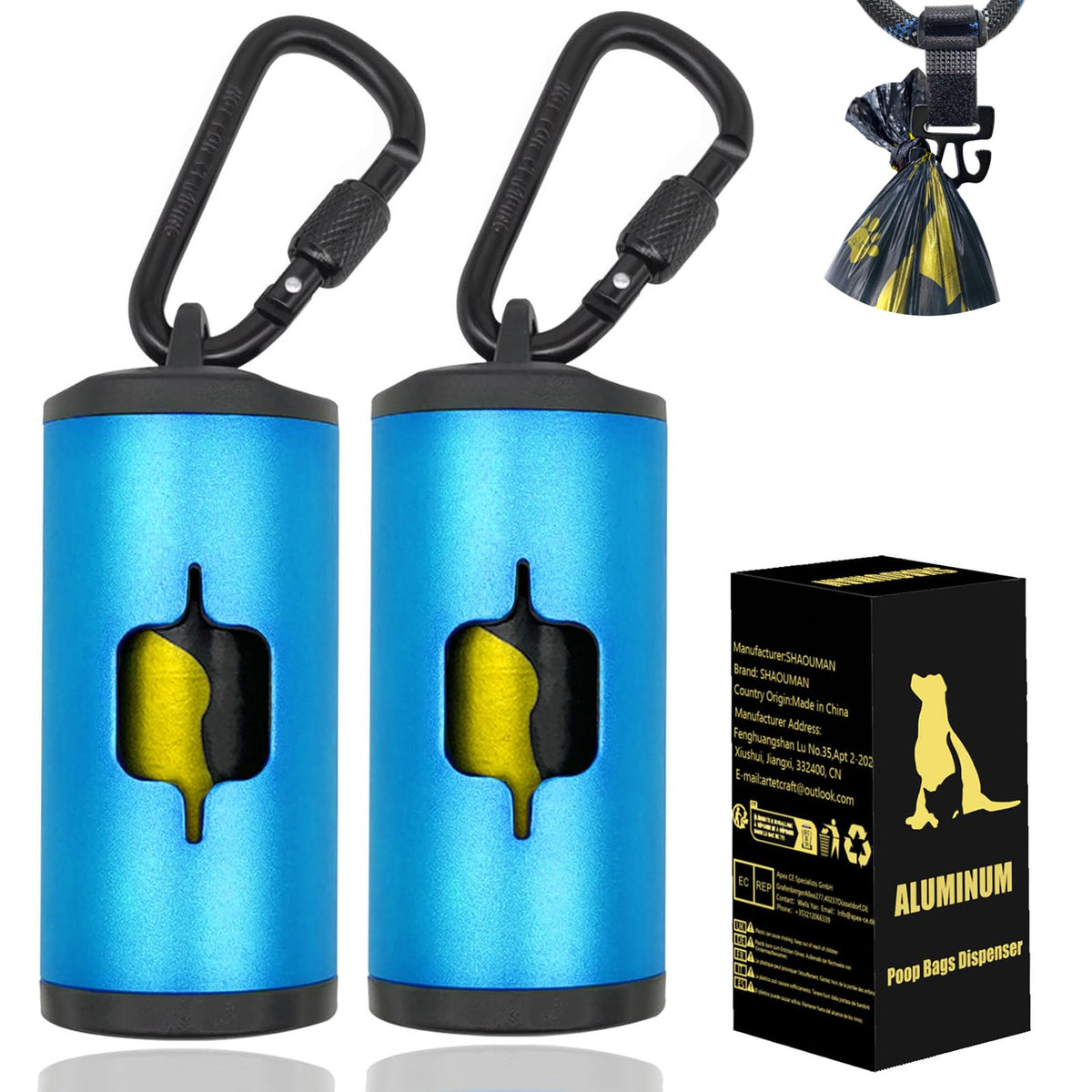 SHAOUMAN metal dog poop bag holder blue front view for secure walks.