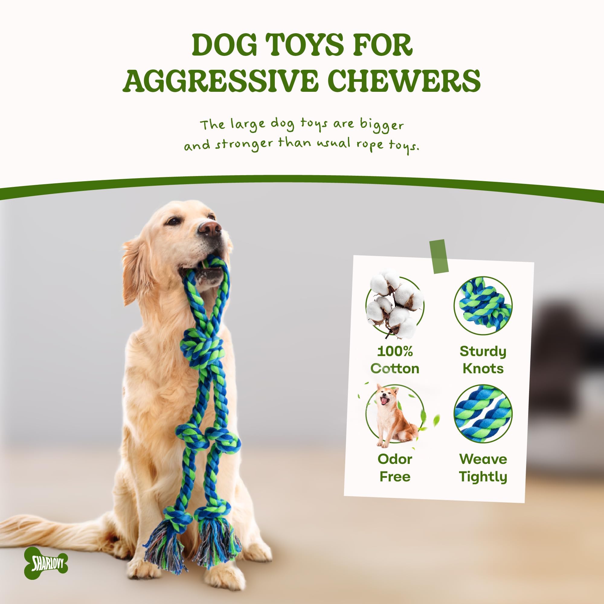 Sharlovy aggressive chewer toy supports strong teething and bite play.