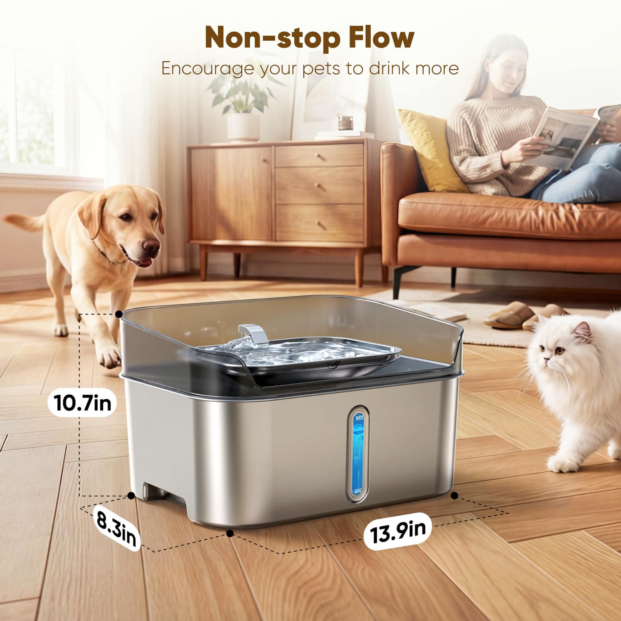 SHARLOVY No Spill 5-stage filtration keeps water fresh for pets.