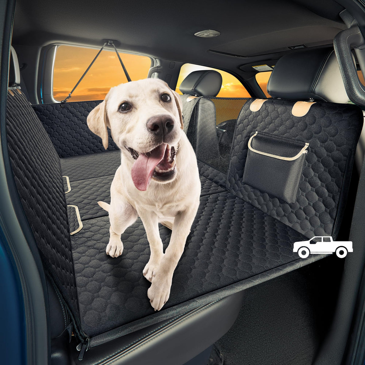 SHARLOVY XL back-seat extender covers wide area for large dogs on a truck interior.