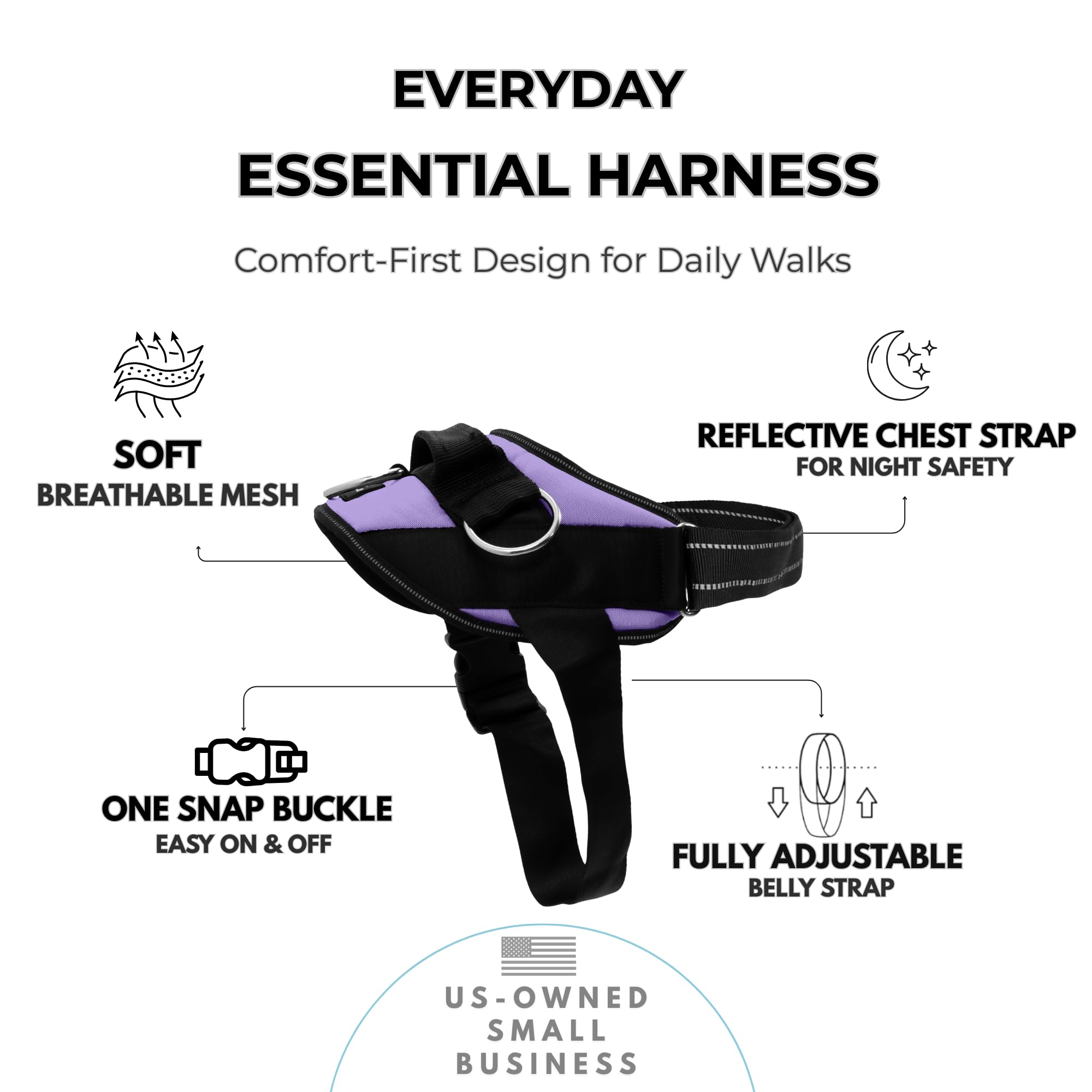 ShawnCo Essential Harness with reflective chest strap for safer visibility day and night.