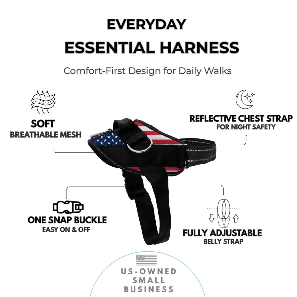 ShawnCo Essential Dog Harness Stars-Stripes shows three rings for versatile leash attachment