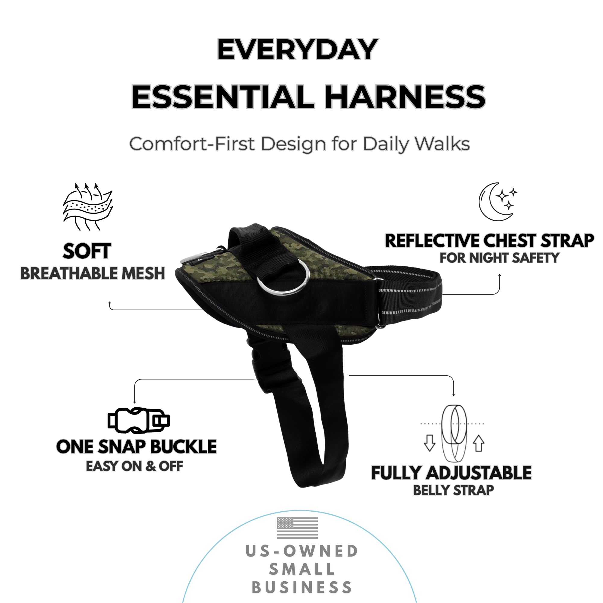 ShawnCo harness in military camo with secure straps for rugged outdoor use