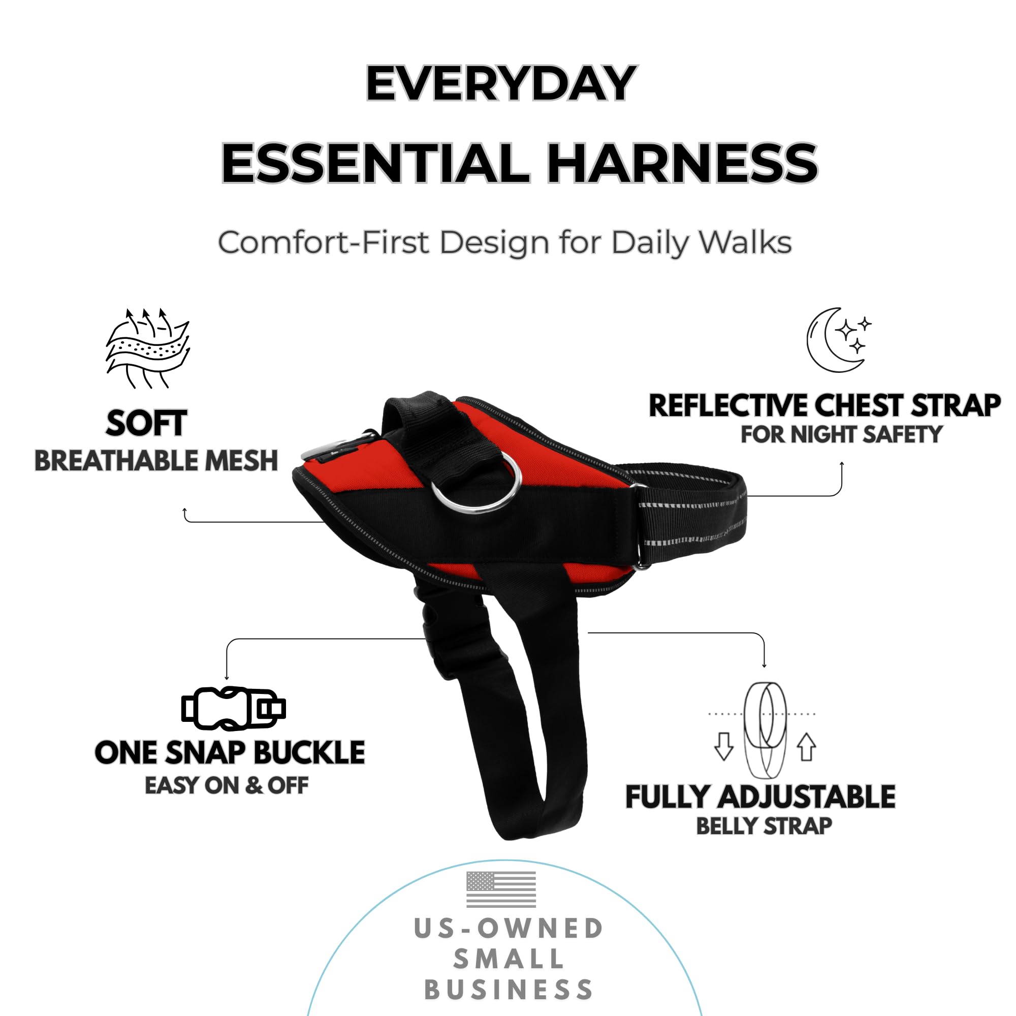 SHAWNCO Essential Dog Harness back view highlighting reflective trim for night safety