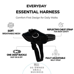 ShawnCo harness shows nighttime reflective chest strap for safer evening strolls
