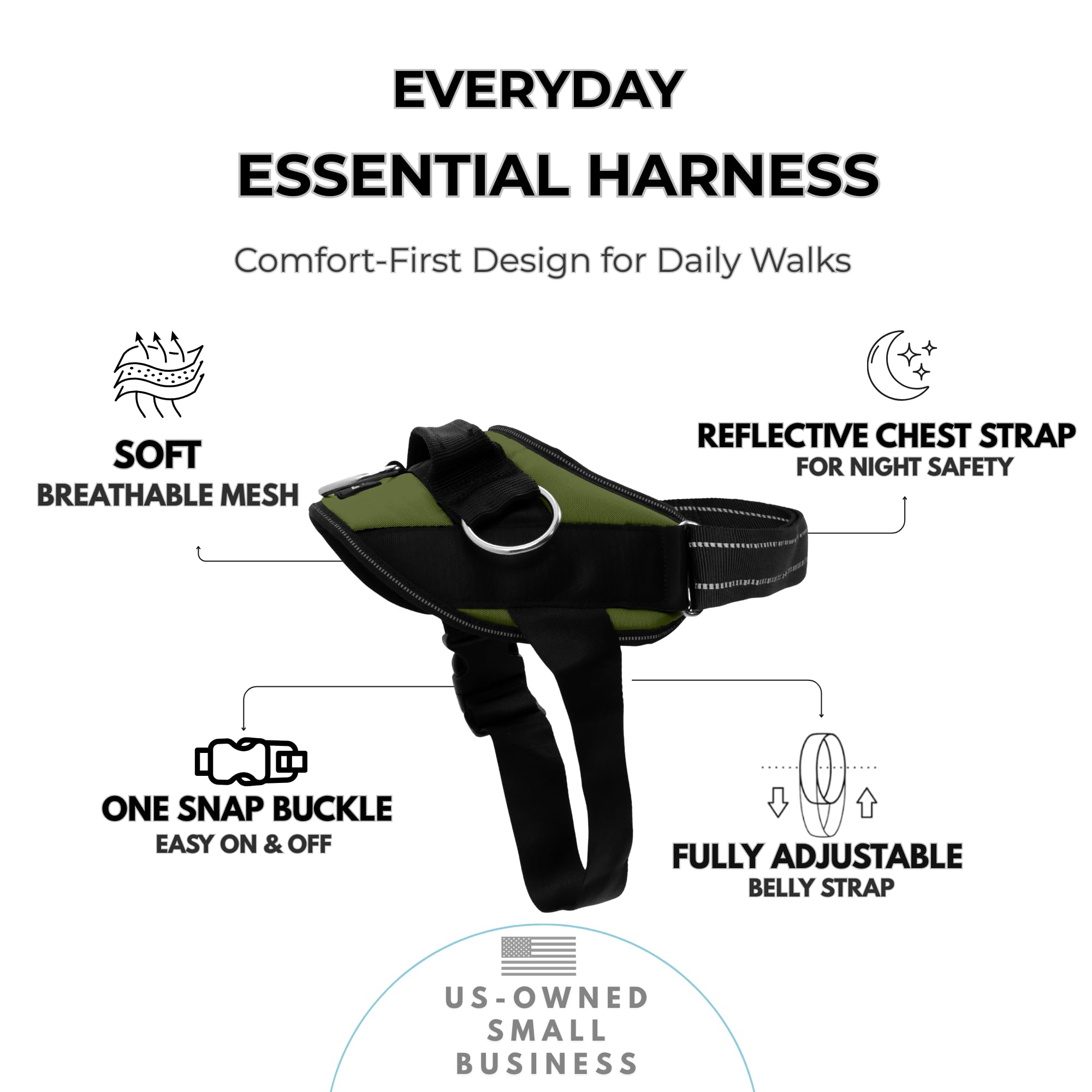 ShawnCo Essential Dog Harness side view demonstrates adjustable fit for all dog sizes.