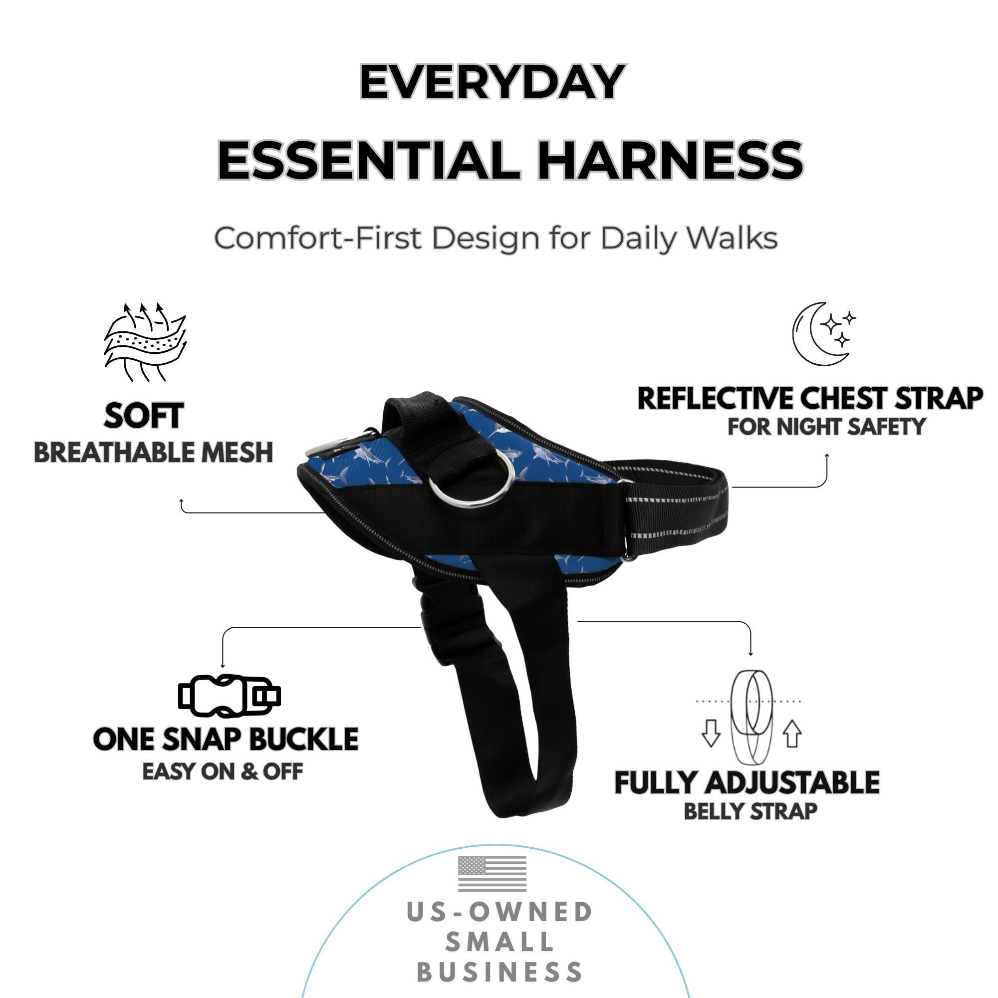 ShawnCo Essential Harness features reflective chest strap for visible nighttime walking.