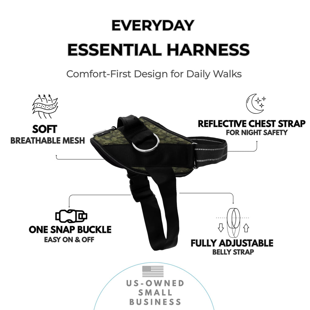 ShawnCo Essential Harness showing three leash clips for versatile control.