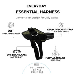ShawnCo Essential Harness showing three leash clips for versatile control.