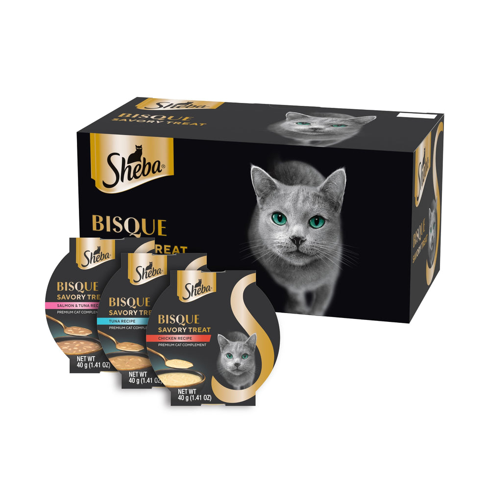 Sheba Bisque Lickable chicken chunks in rich bisque, a protein-rich topper for meals.